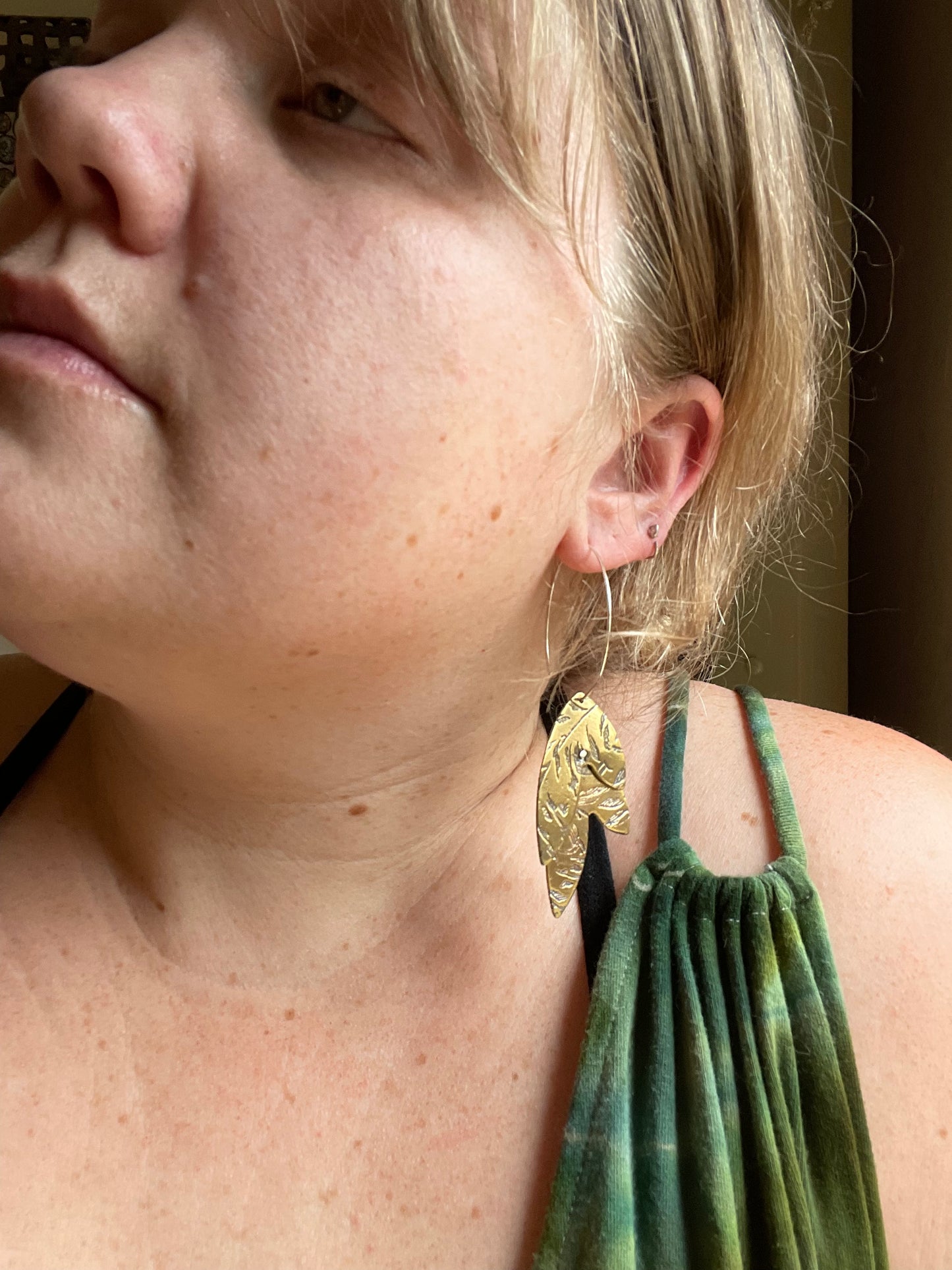 Etched Leaves Metal Hoop Dangle Earrings