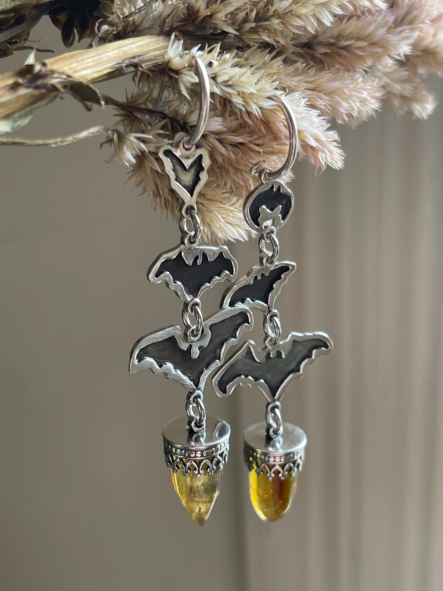 Into the Night: Mexican Amber Bullet Bat Hoop Stud Earrings