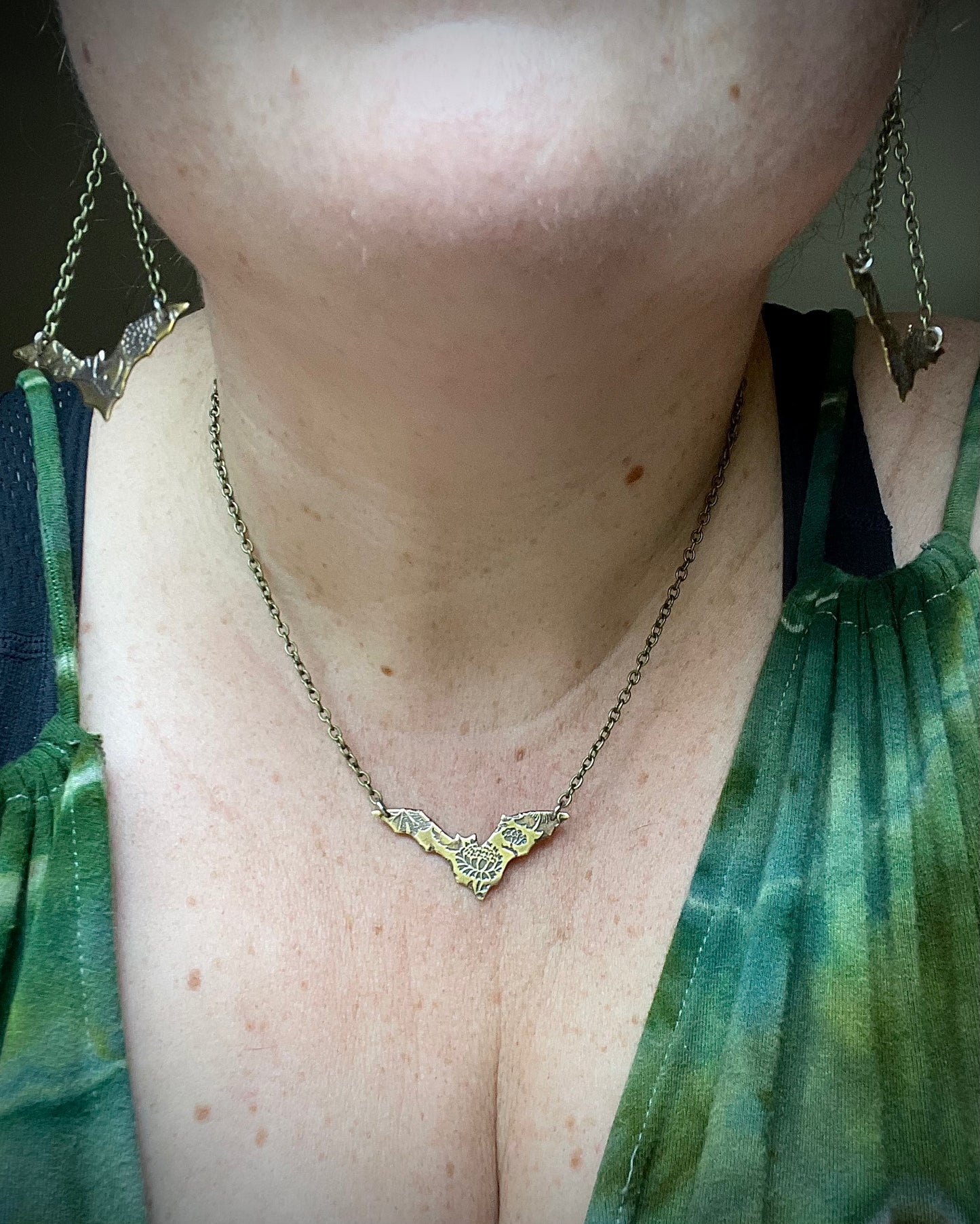 Floral Bats • Brass Dangle Earrings and Necklace