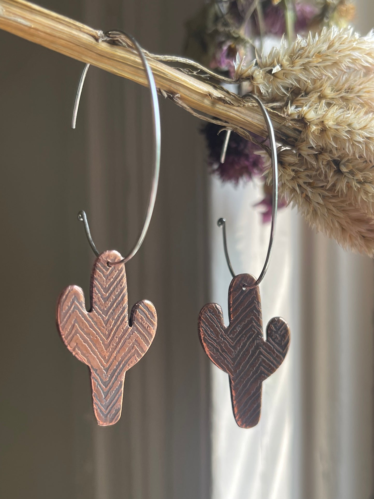 Etched Cactus Hoop Dangle Earrings
