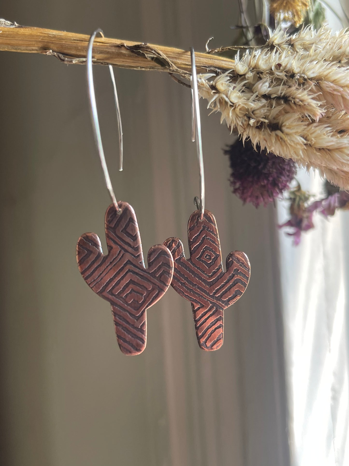 Etched Cactus Hoop Dangle Earrings