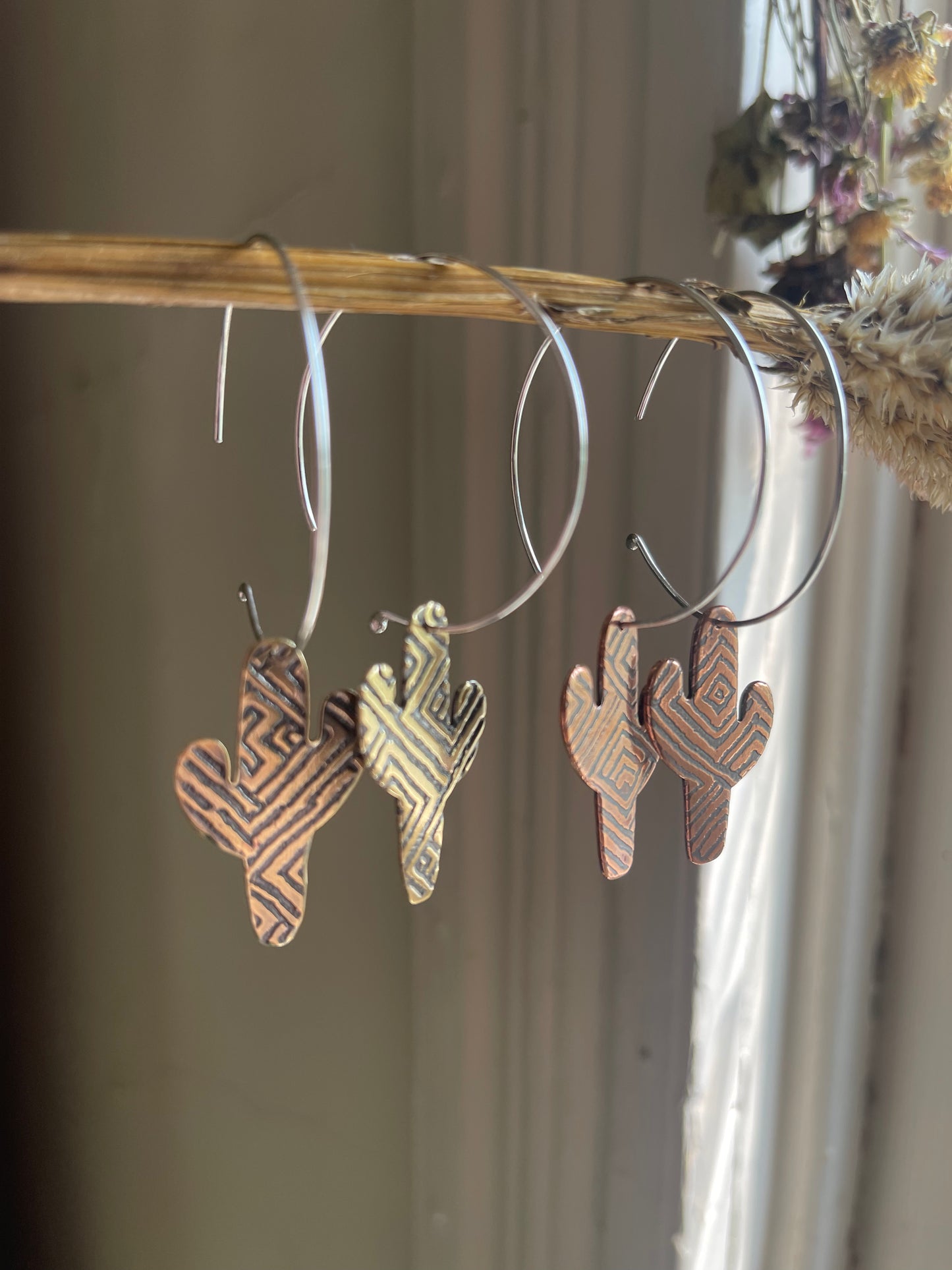 Etched Cactus Hoop Dangle Earrings