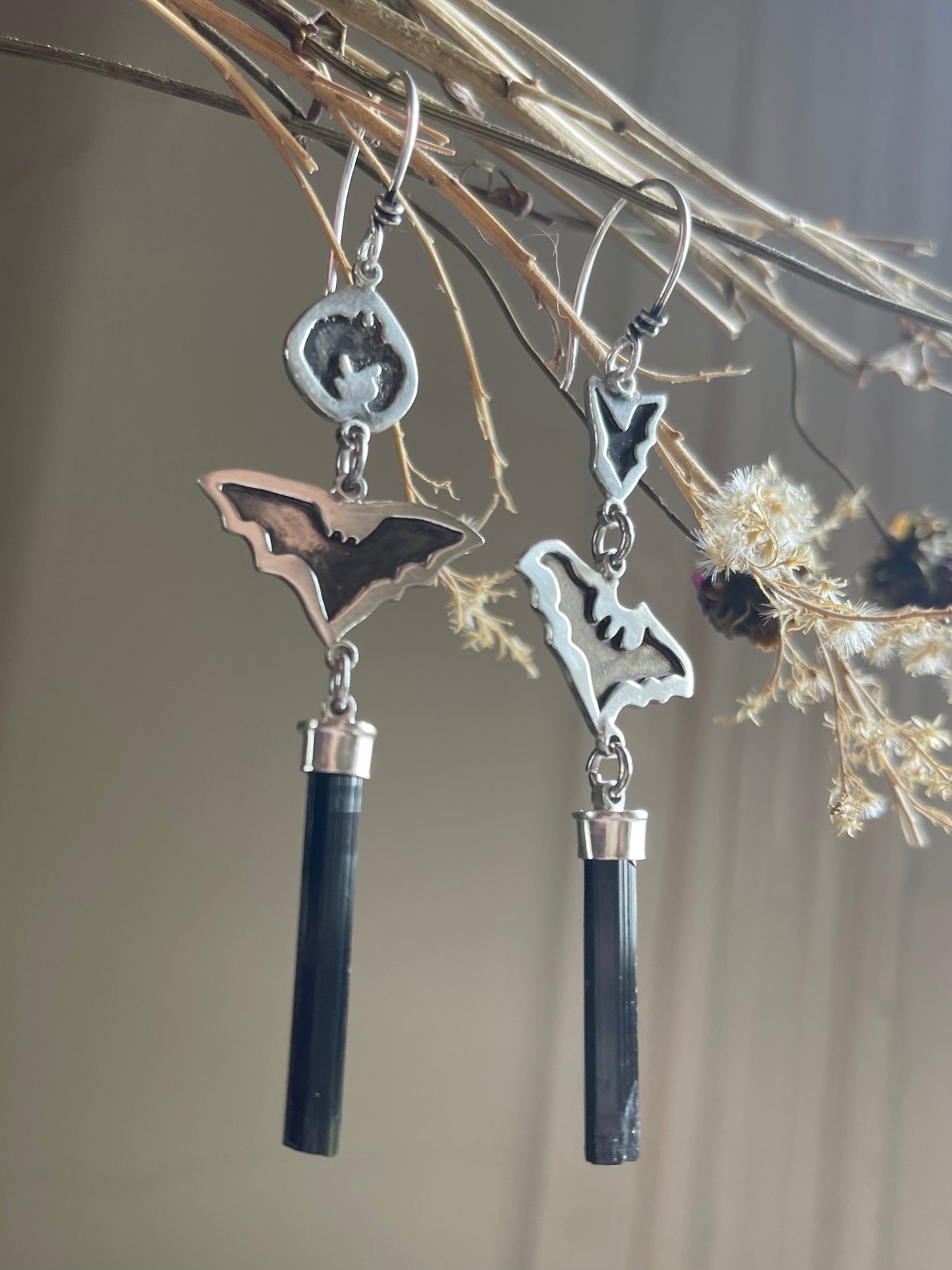 Grounded: Black Tourmaline Crystal Bat Dangle Earrings