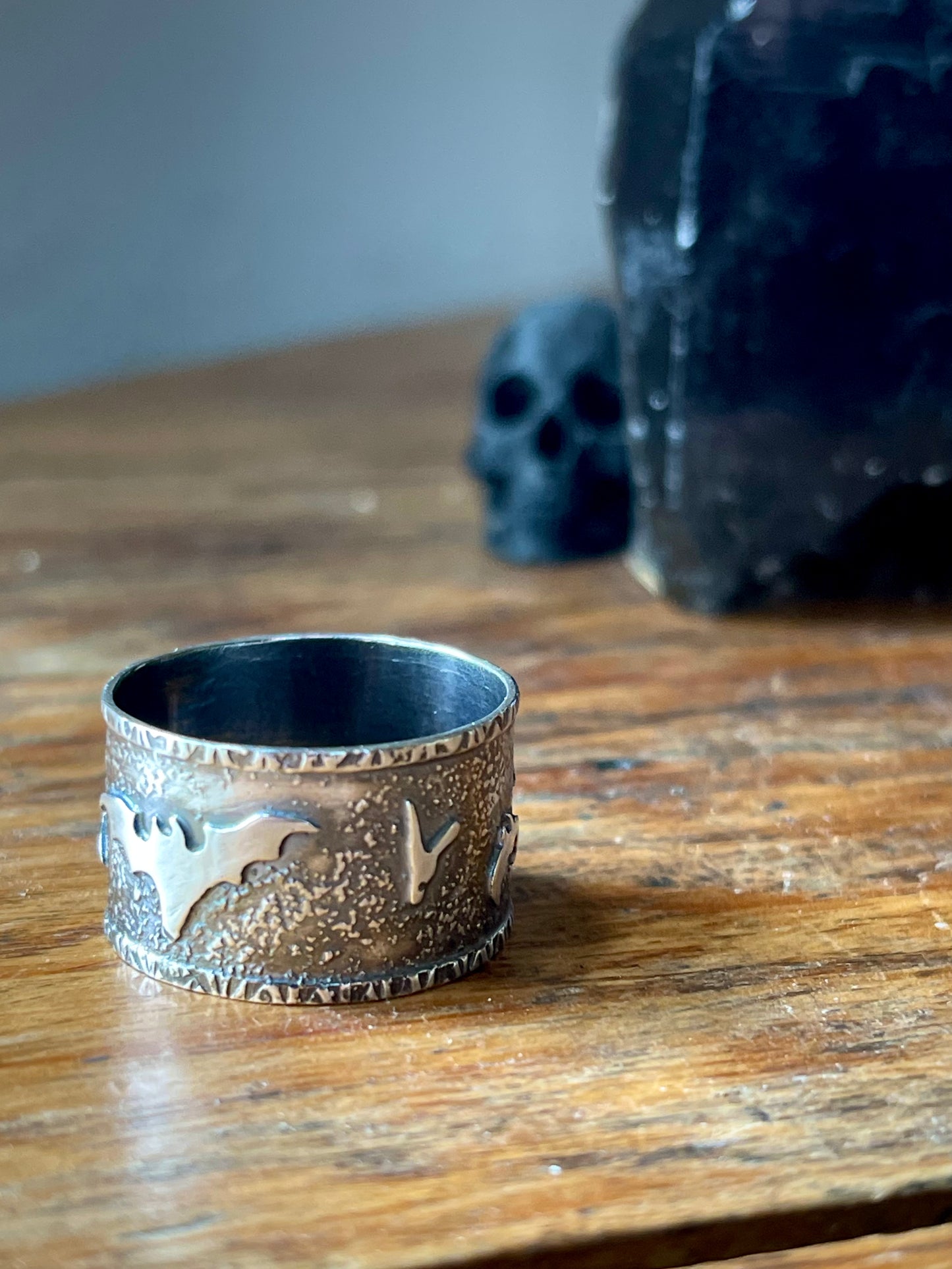Chaos In The Crypt: Batty Silver Wide Band Ring