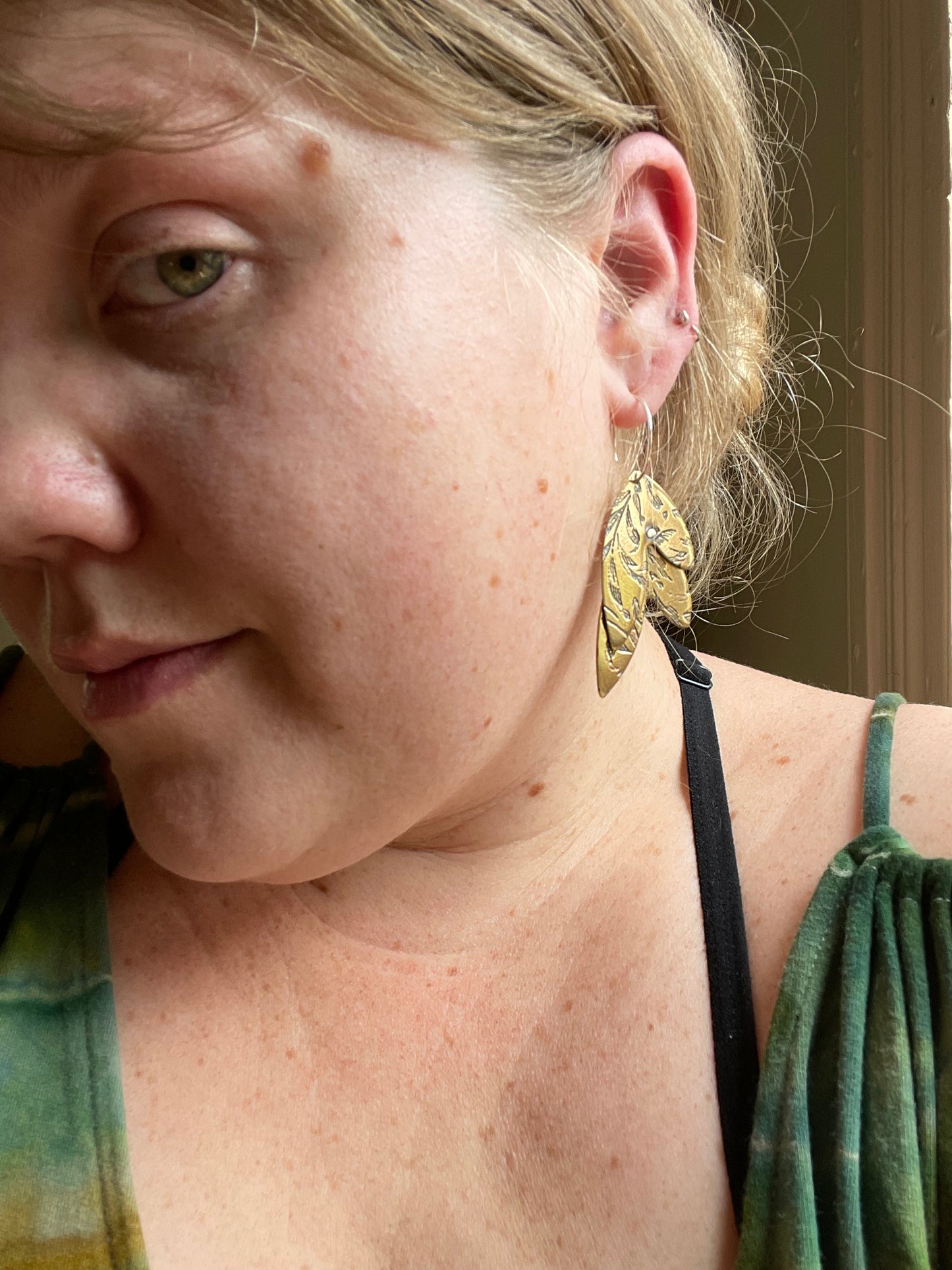 Etched Leaves Metal Hoop Dangle Earrings