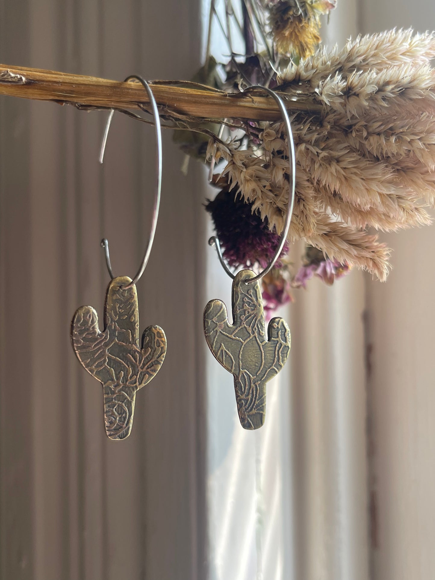 Etched Cactus Hoop Dangle Earrings