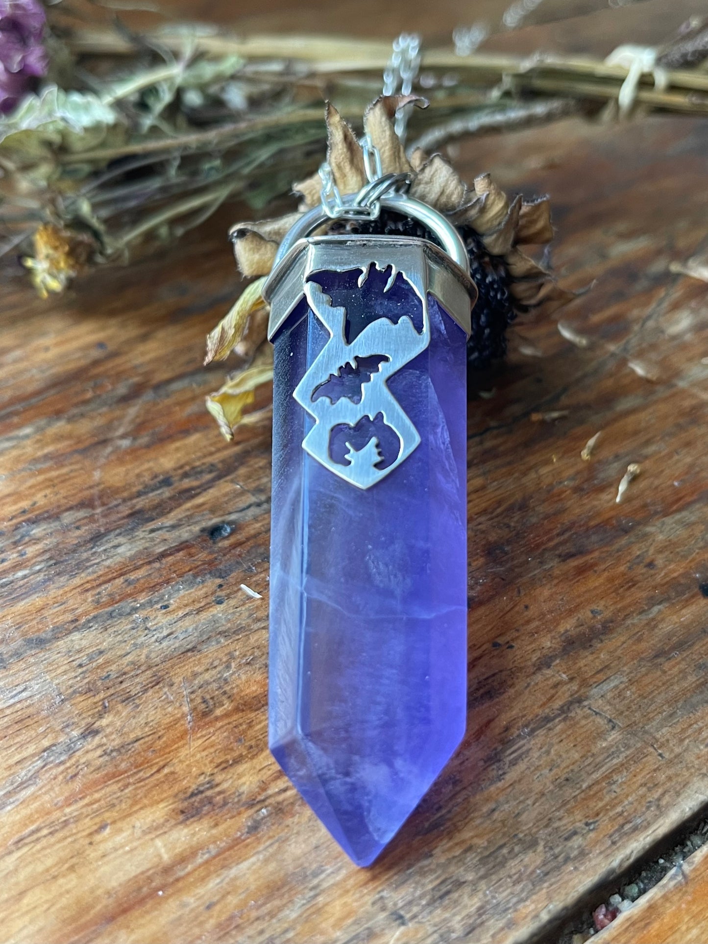 Graveyard Flowers: Purple Fluorite Crystal Batty Statement Pendant