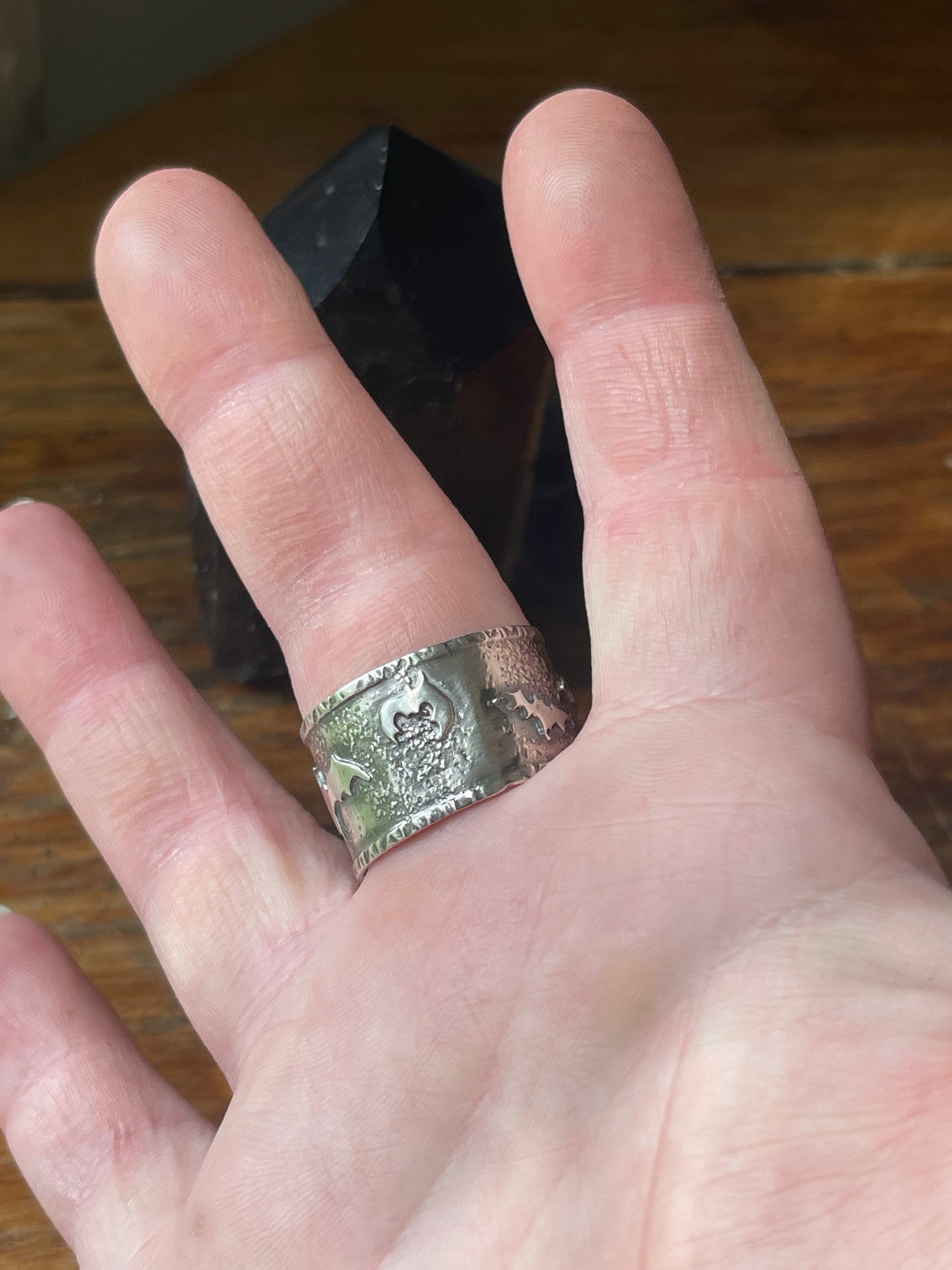 Chaos In The Crypt: Batty Silver Wide Band Ring