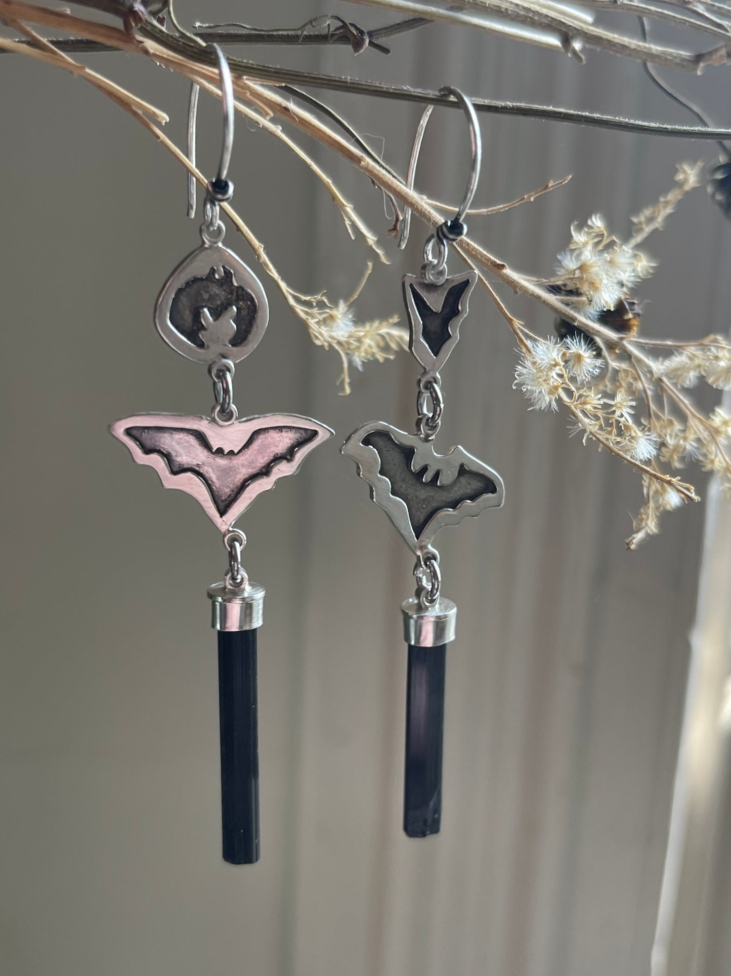 Grounded: Black Tourmaline Crystal Bat Dangle Earrings