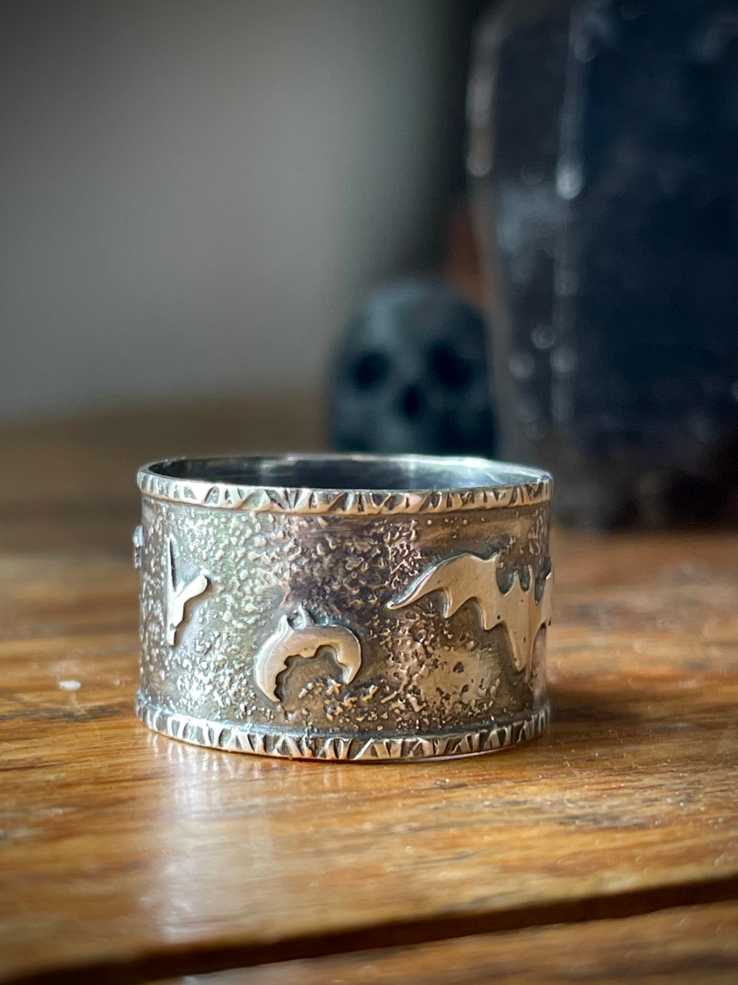Chaos In The Crypt: Batty Silver Wide Band Ring