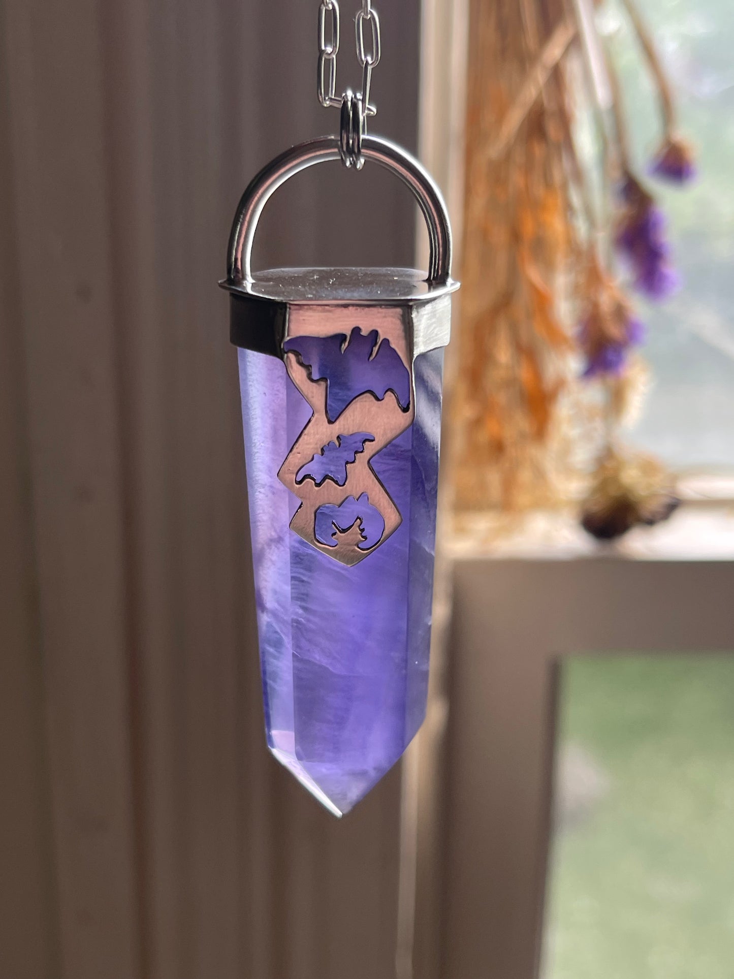 Graveyard Flowers: Purple Fluorite Crystal Batty Statement Pendant