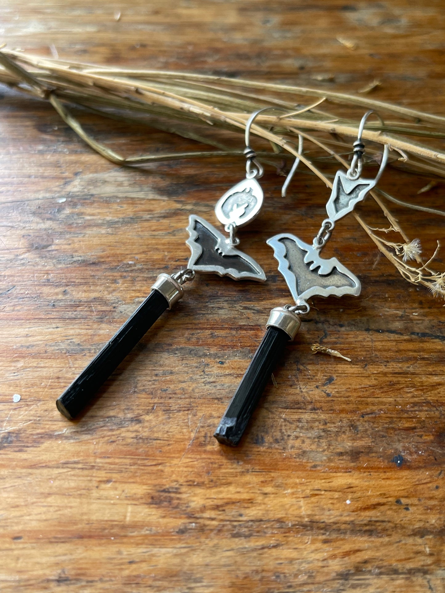 Grounded: Black Tourmaline Crystal Bat Dangle Earrings