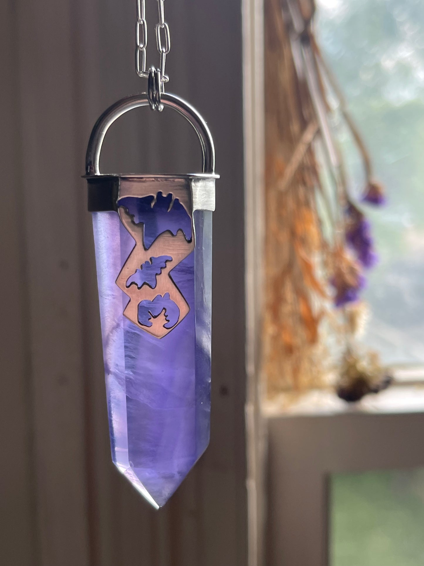 Graveyard Flowers: Purple Fluorite Crystal Batty Statement Pendant