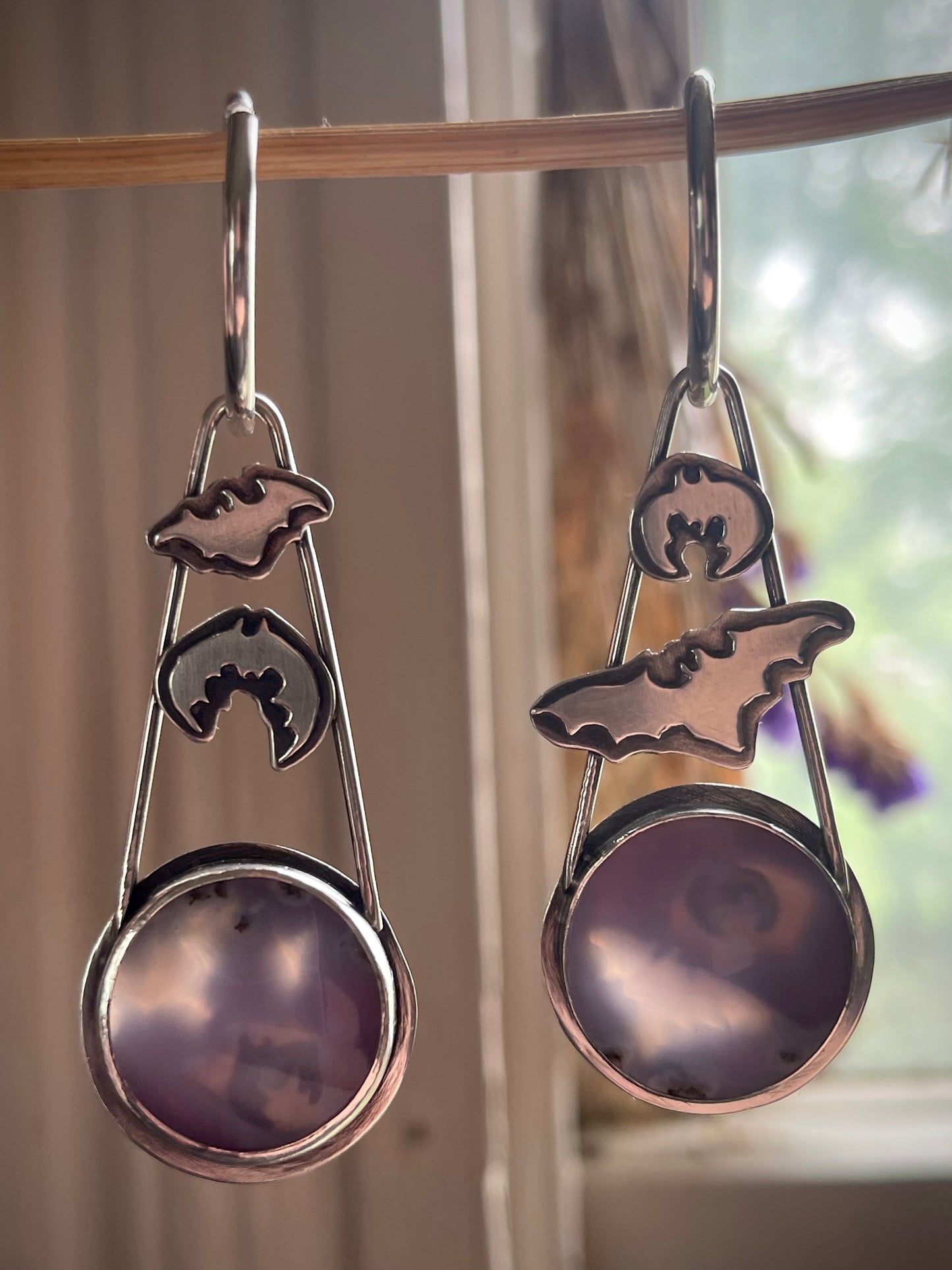 Crypt Keepers: Purple Moss Agate Batty Statement Earrings