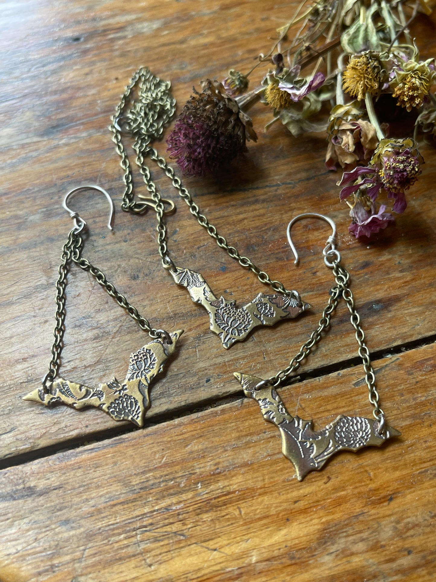 Floral Bats • Brass Dangle Earrings and Necklace