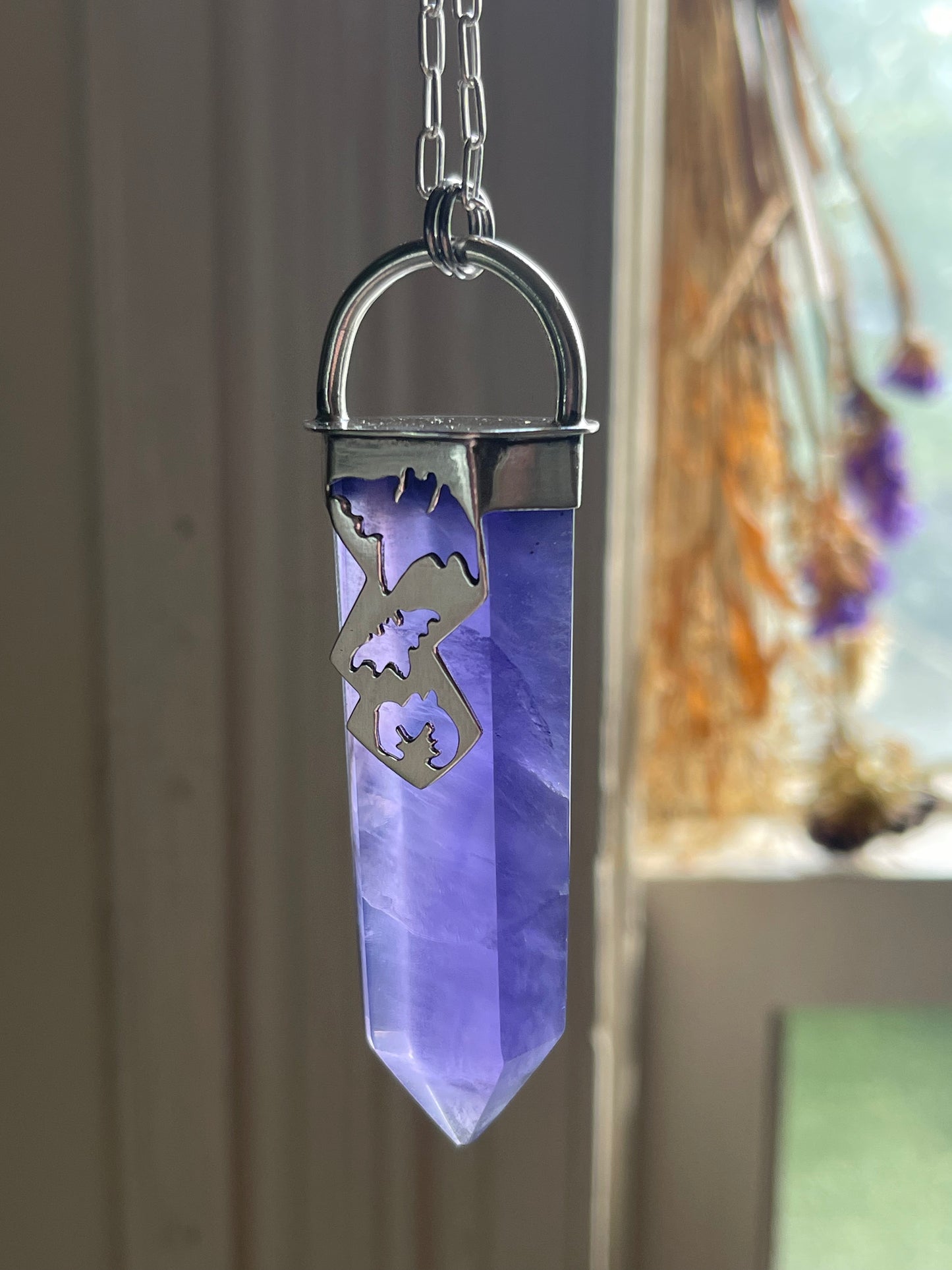 Graveyard Flowers: Purple Fluorite Crystal Batty Statement Pendant