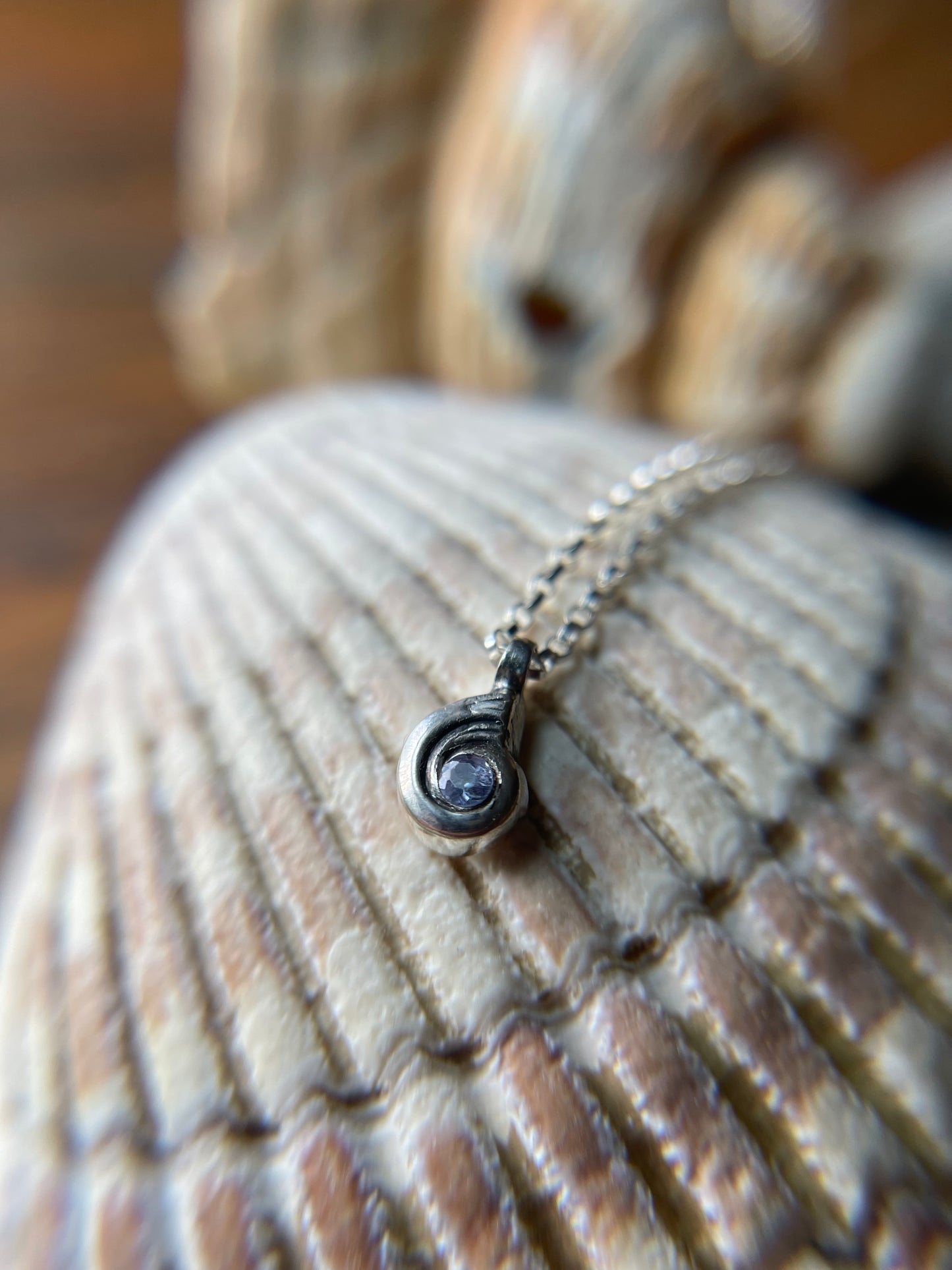 Tiny Tanzanite Swirly Shell Necklace