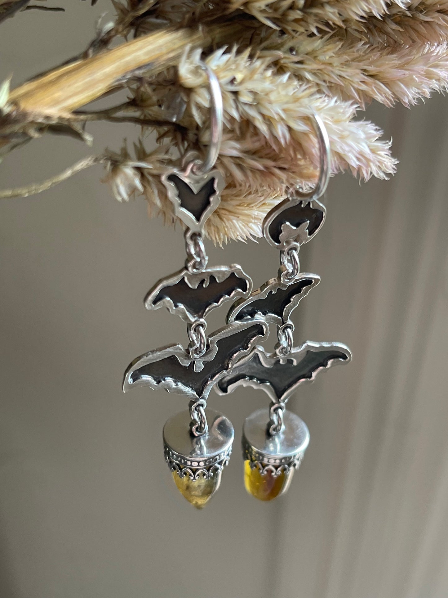 Into the Night: Mexican Amber Bullet Bat Hoop Stud Earrings