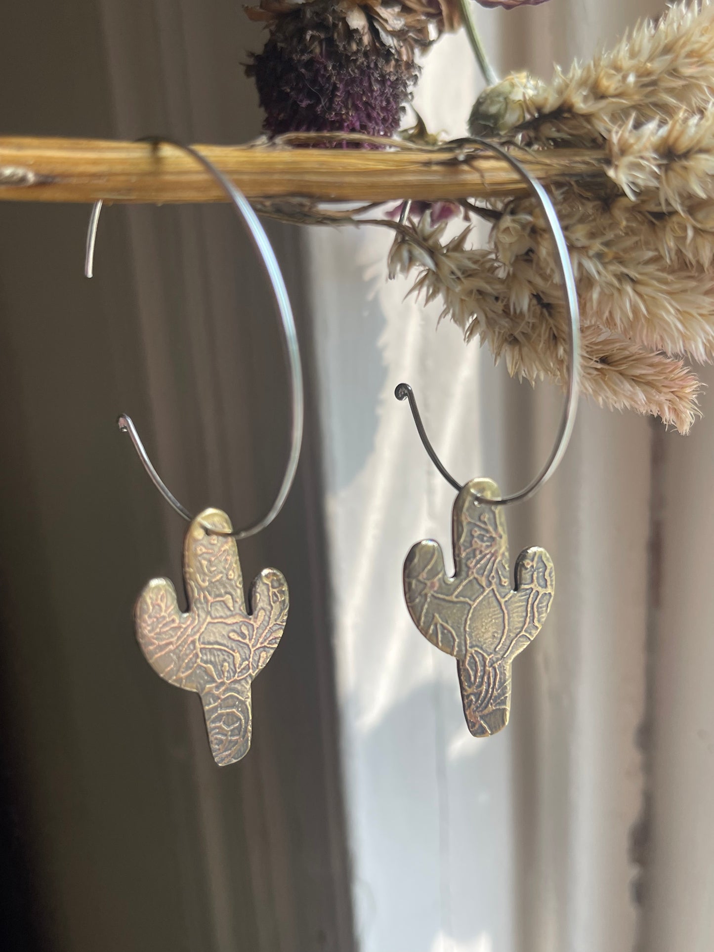 Etched Cactus Hoop Dangle Earrings