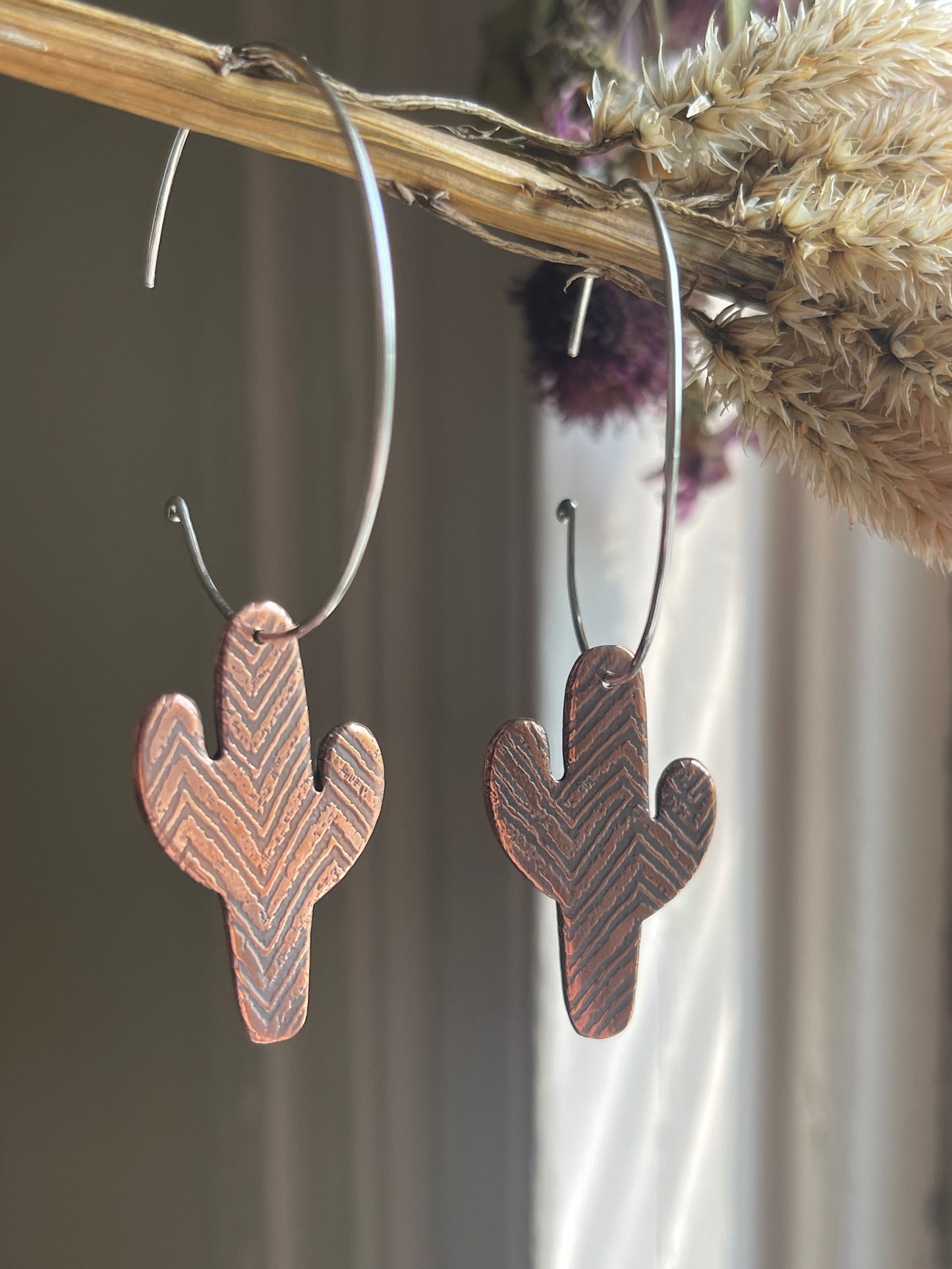 Etched Cactus Hoop Dangle Earrings