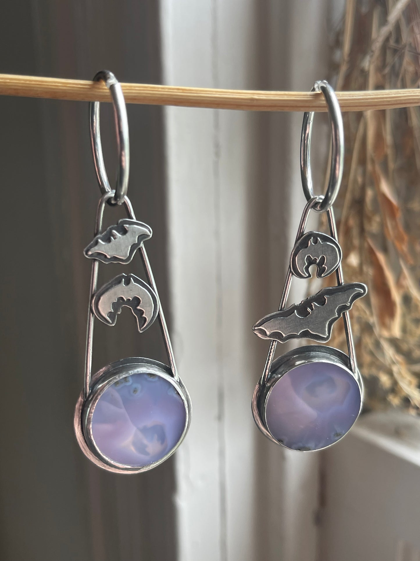 Crypt Keepers: Purple Moss Agate Batty Statement Earrings