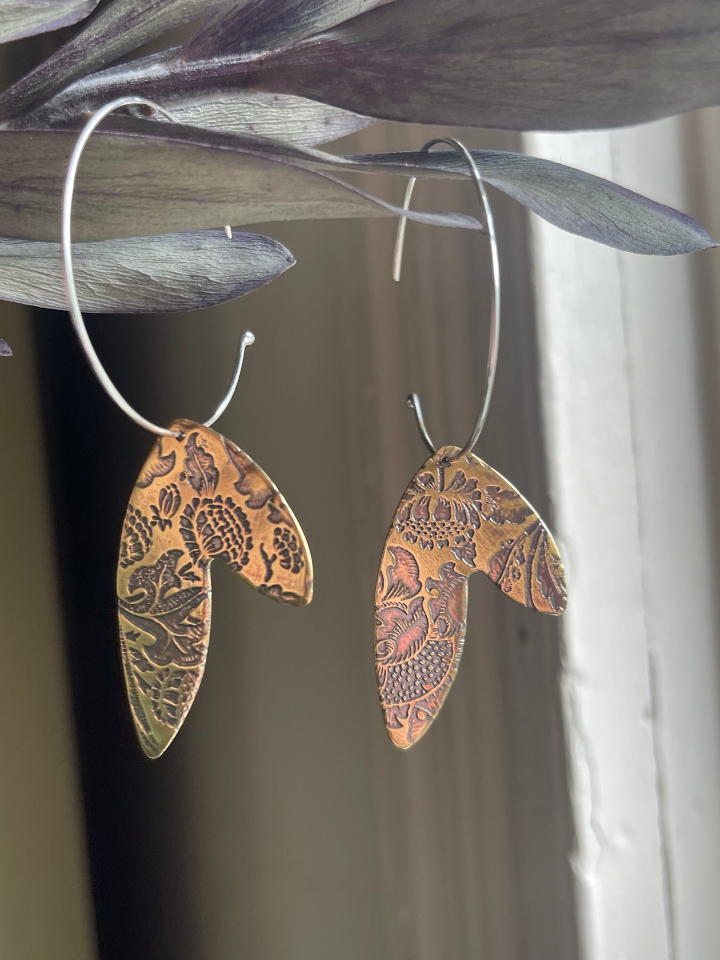 Etched Leaves Metal Hoop Dangle Earrings