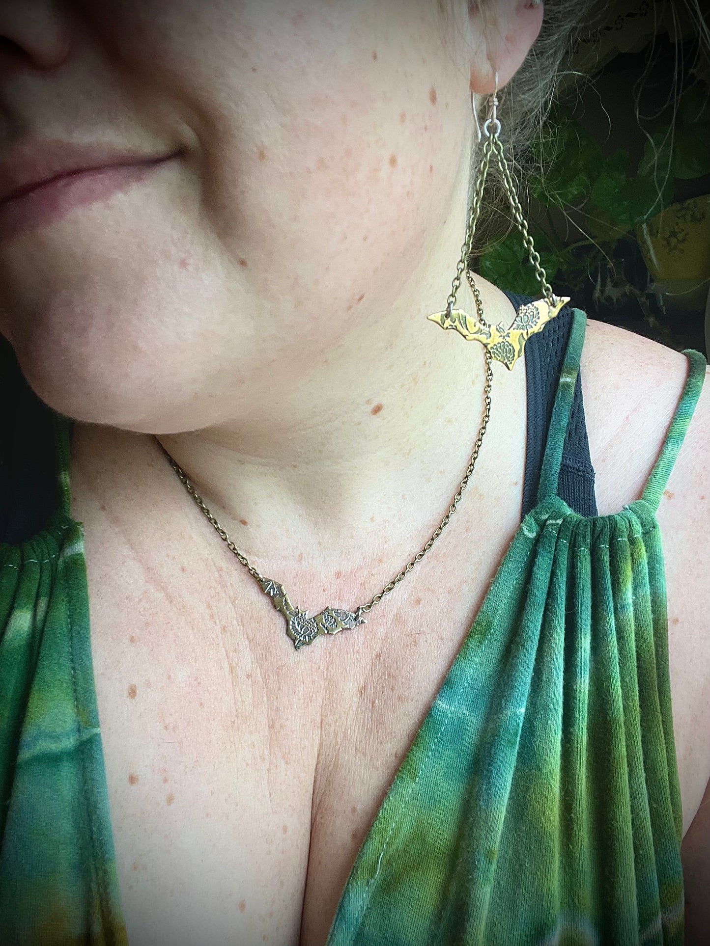 Floral Bats • Brass Dangle Earrings and Necklace