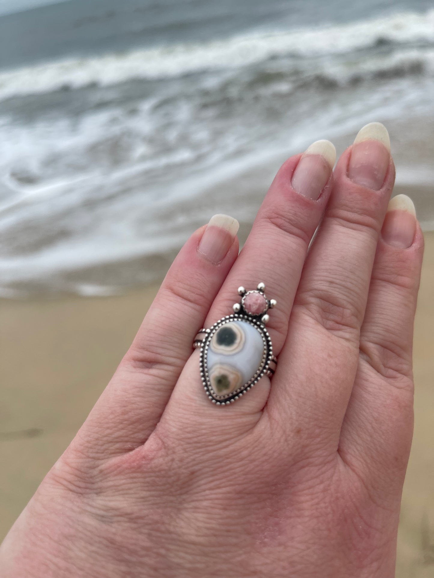 Peachy Kween Ocean Jasper • Rhodochrosite Nautical Statement Ring