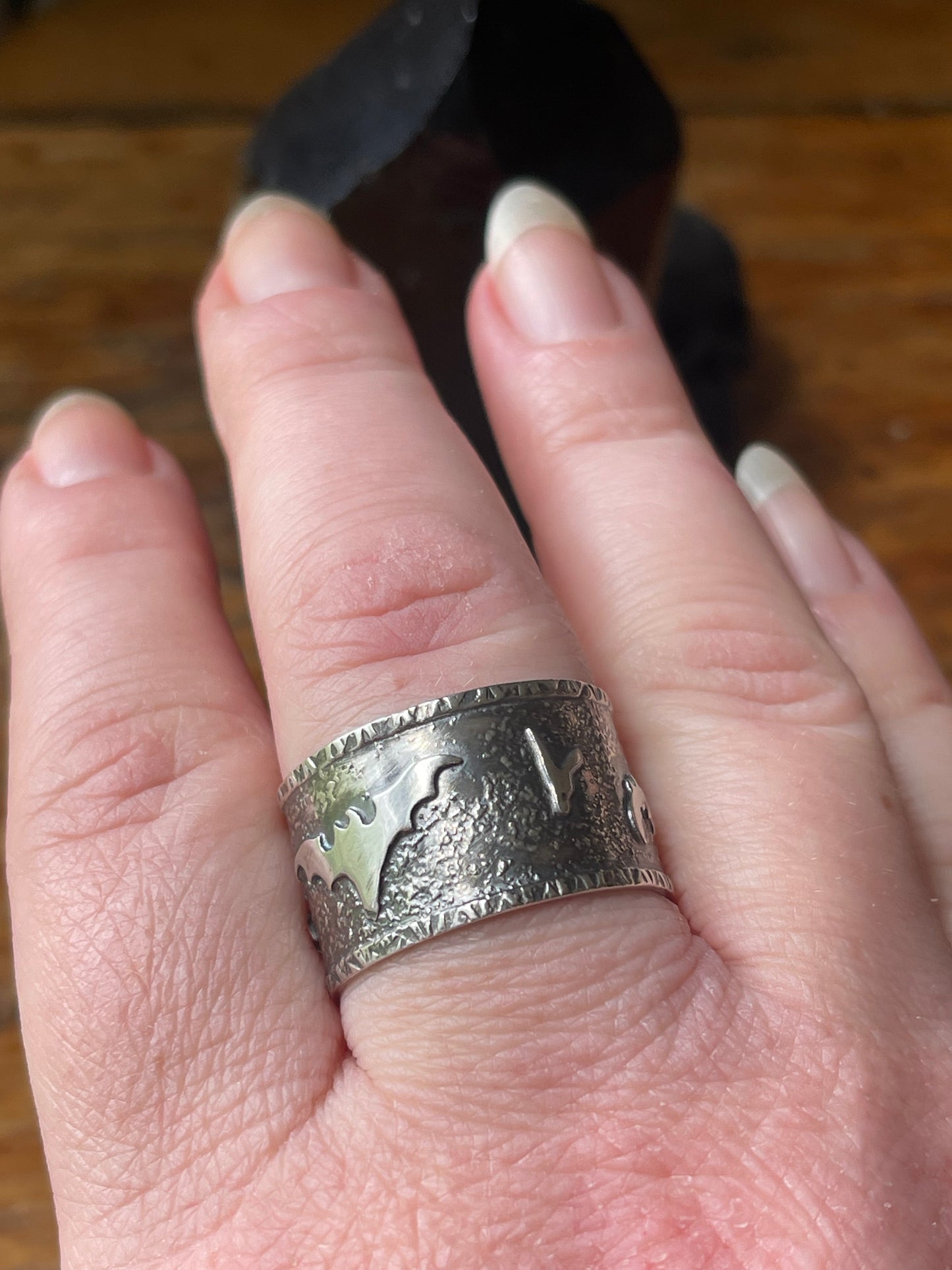 Chaos In The Crypt: Batty Silver Wide Band Ring