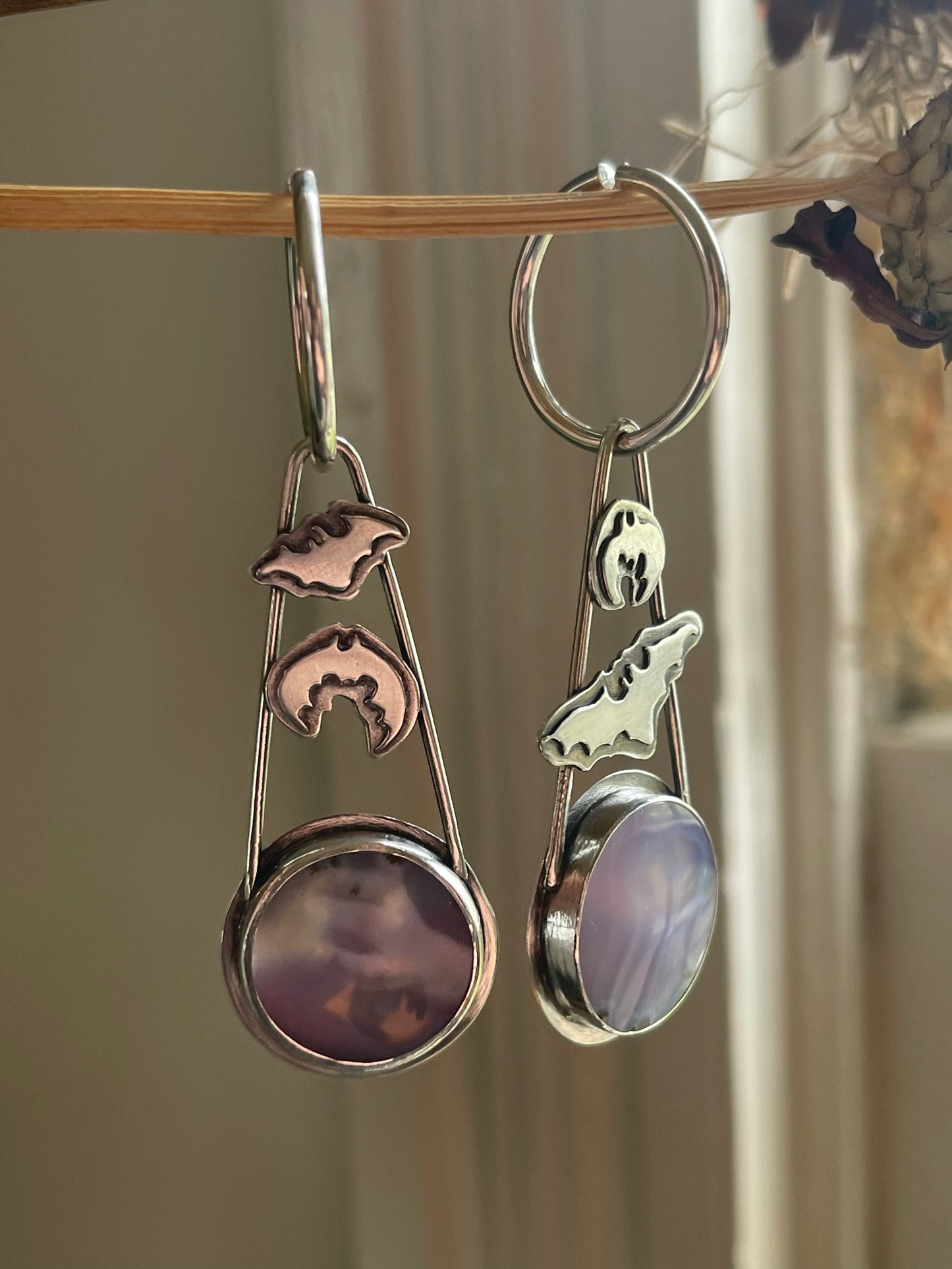 Crypt Keepers: Purple Moss Agate Batty Statement Earrings