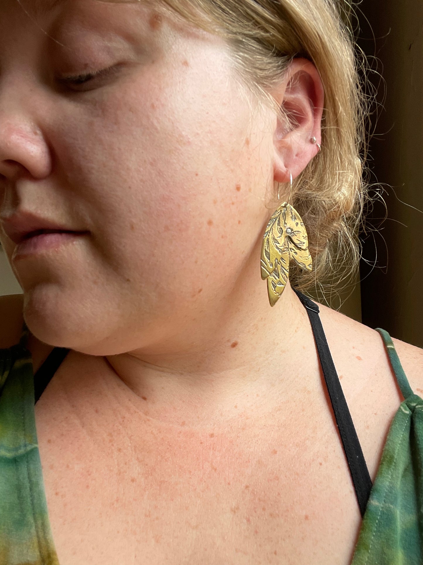 Etched Leaves Metal Hoop Dangle Earrings