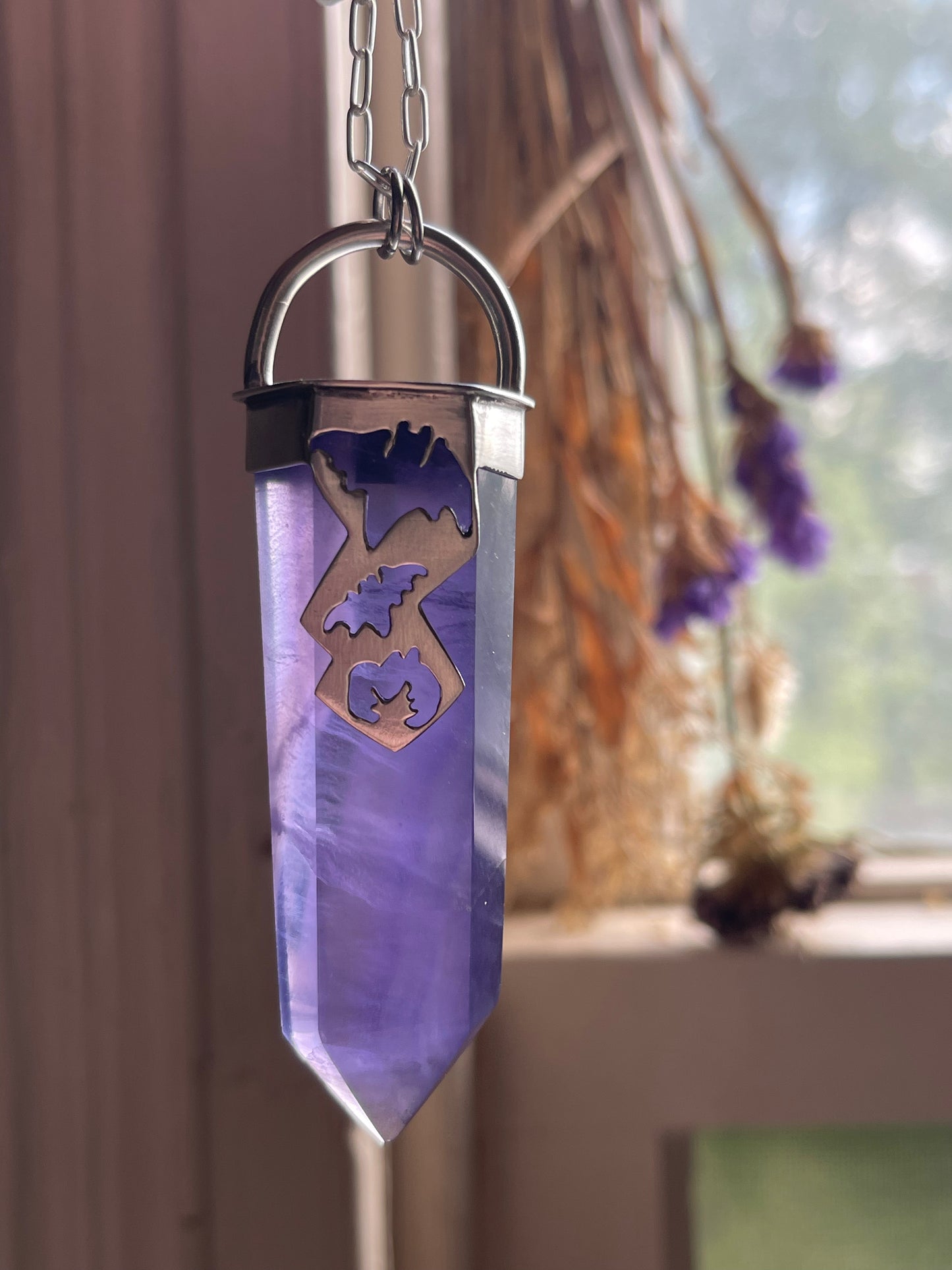 Graveyard Flowers: Purple Fluorite Crystal Batty Statement Pendant