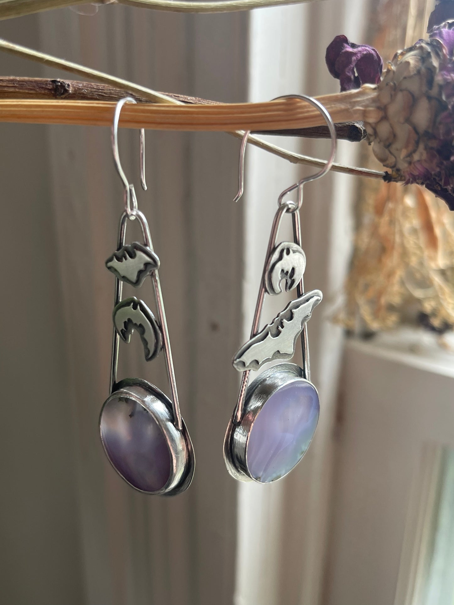Crypt Keepers: Purple Moss Agate Batty Statement Earrings