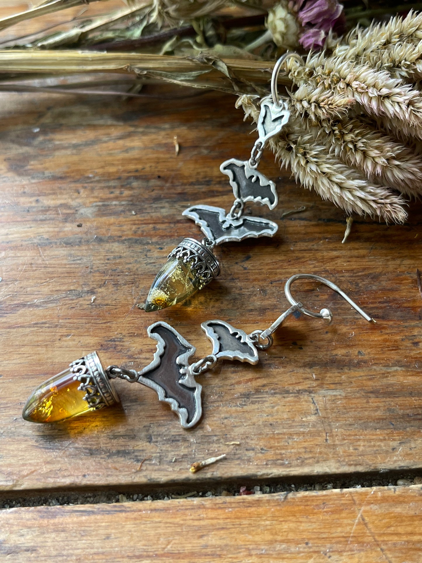 Into the Night: Mexican Amber Bullet Bat Hoop Stud Earrings
