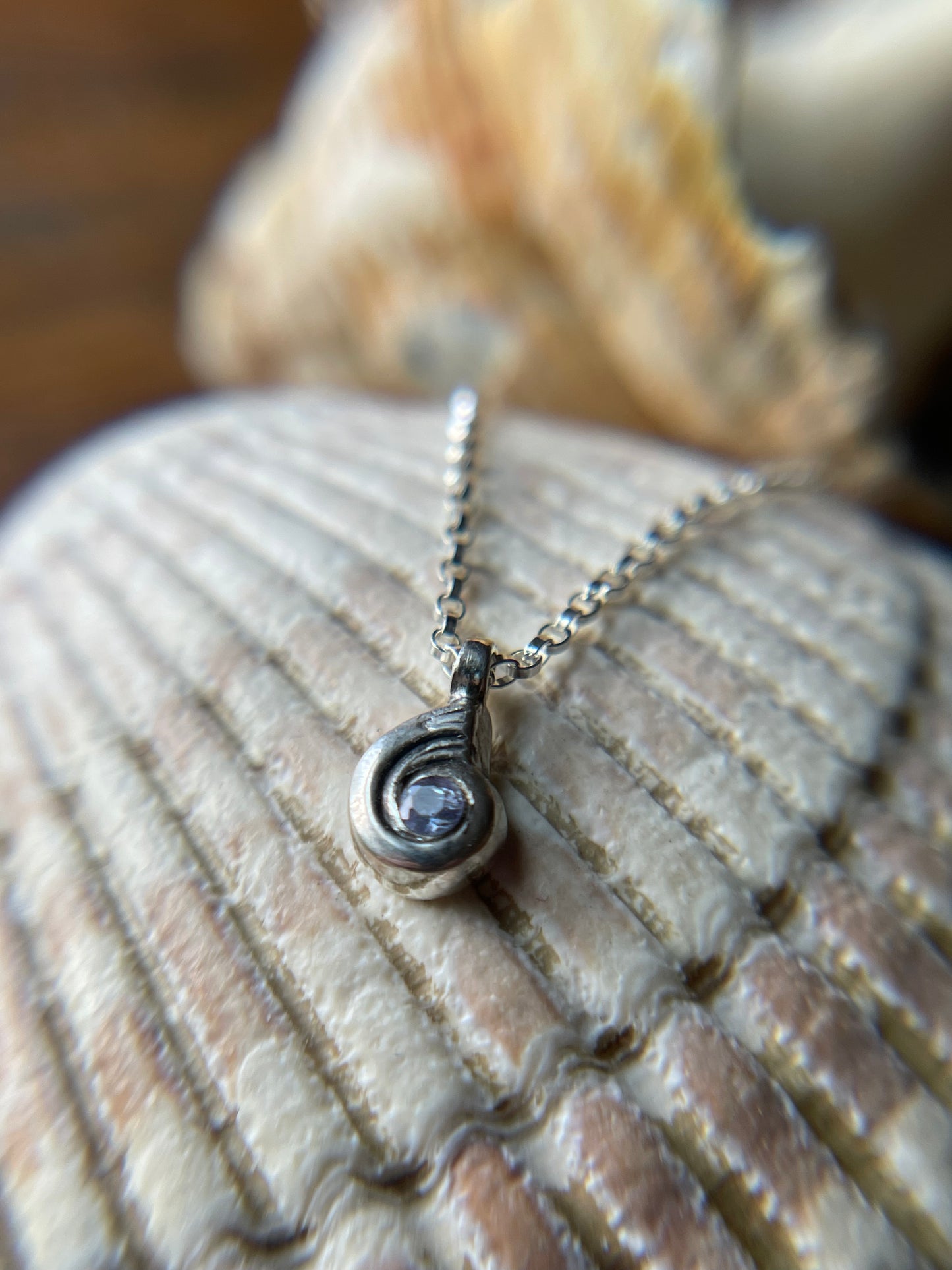 Tiny Tanzanite Swirly Shell Necklace