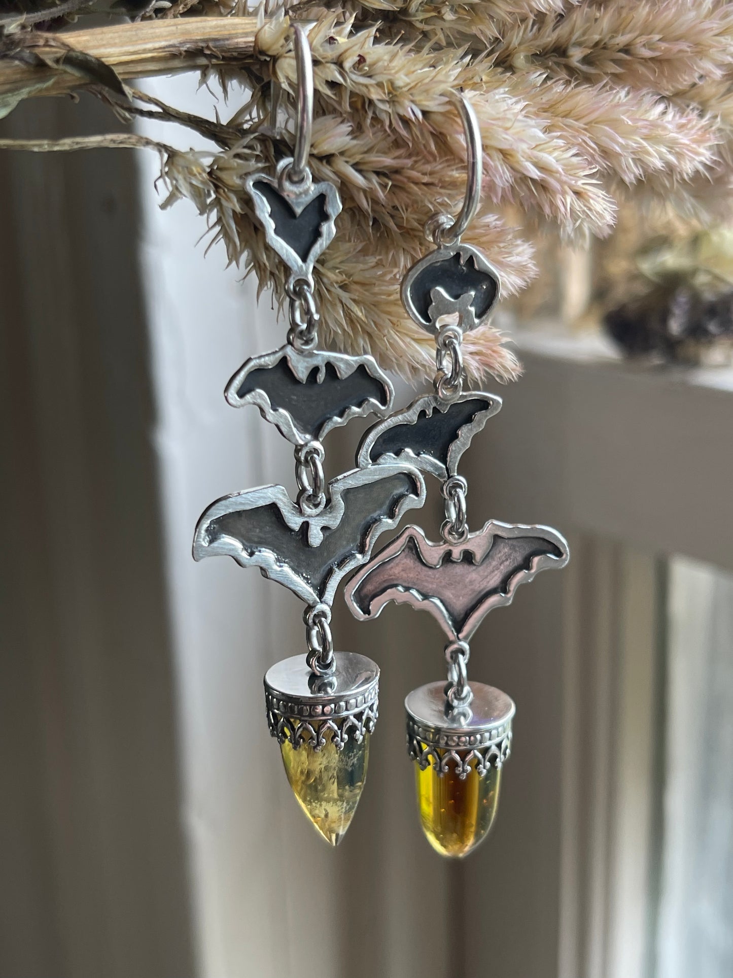 Into the Night: Mexican Amber Bullet Bat Hoop Stud Earrings