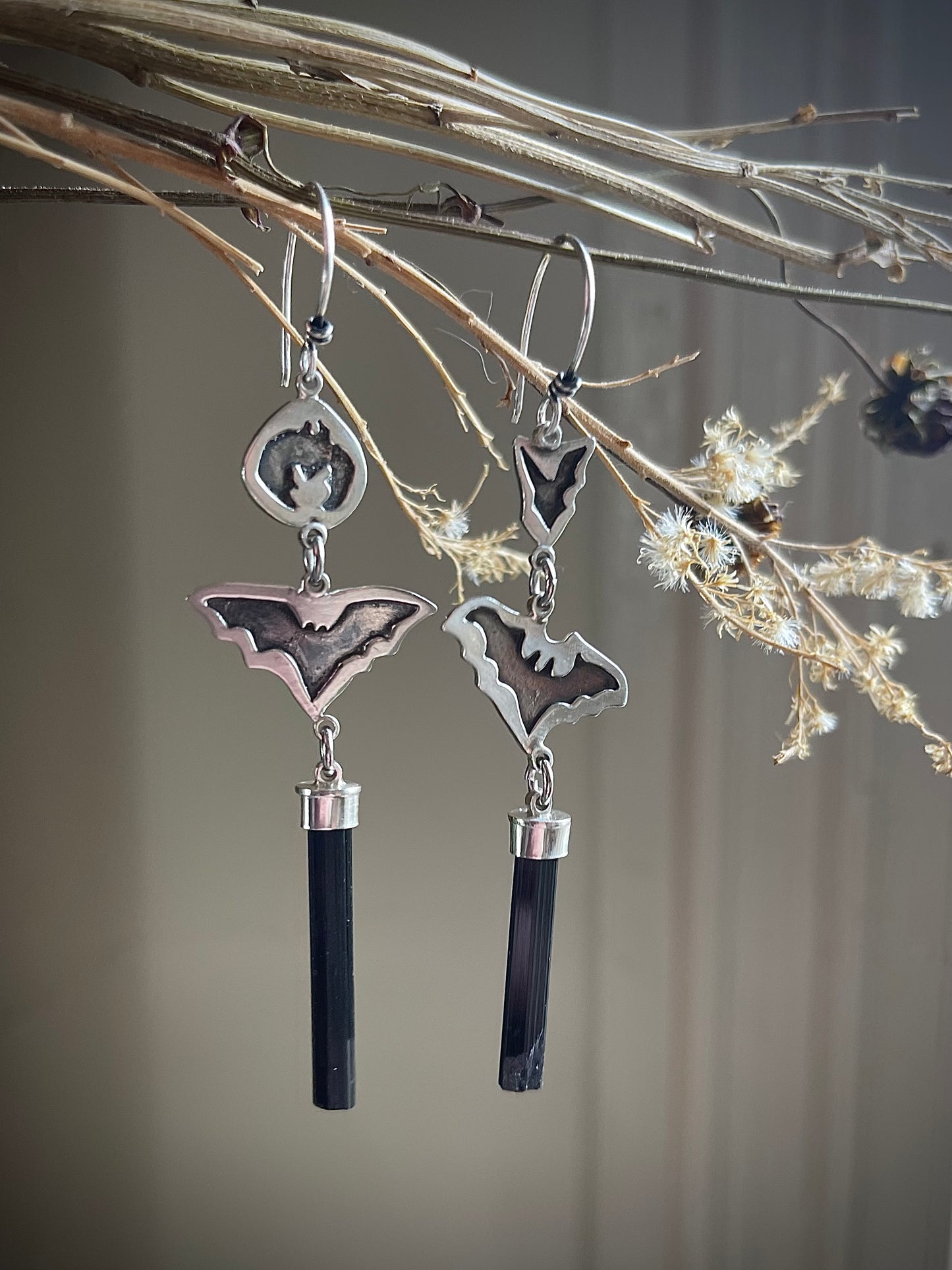 Grounded: Black Tourmaline Crystal Bat Dangle Earrings