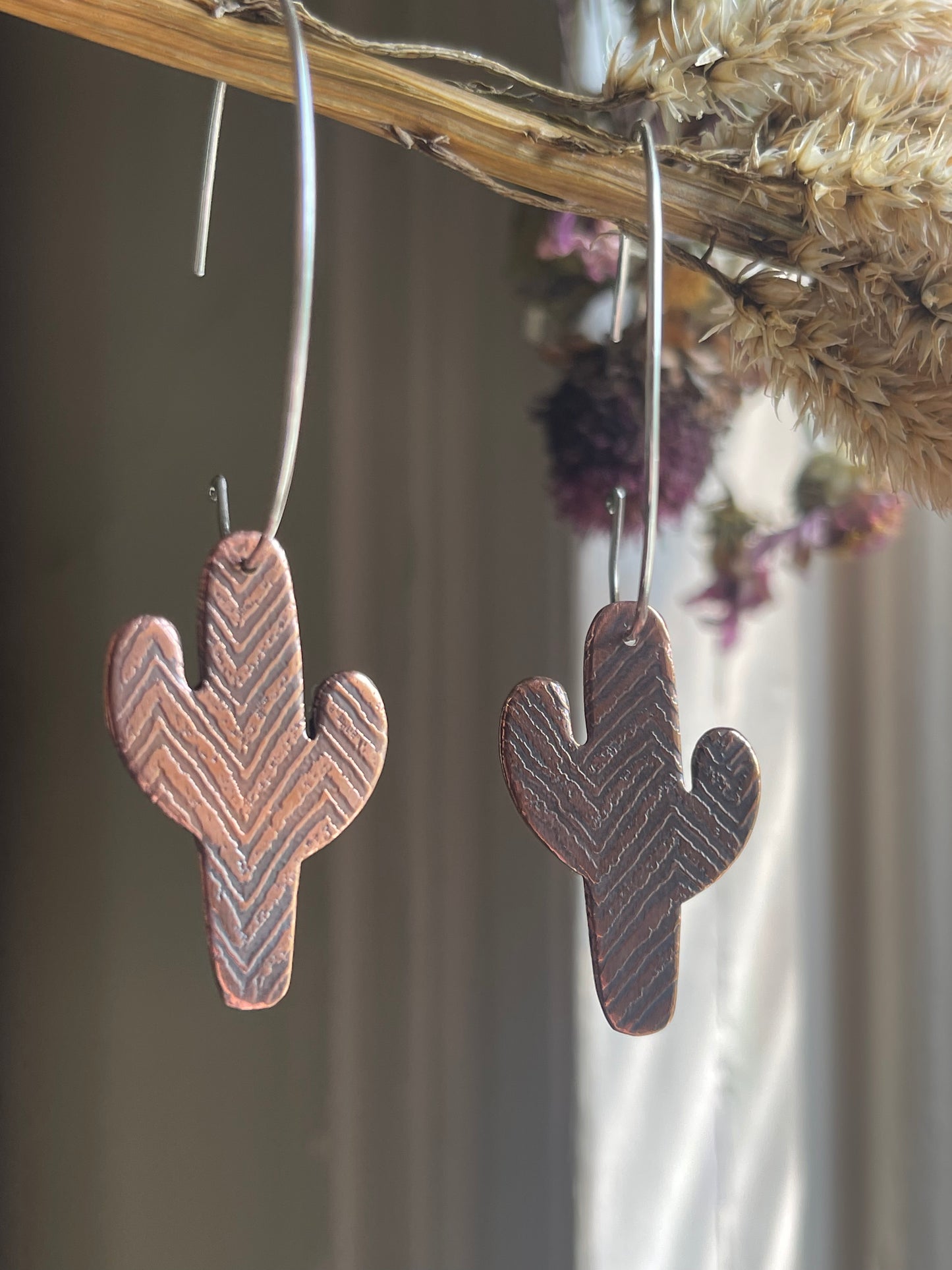 Etched Cactus Hoop Dangle Earrings