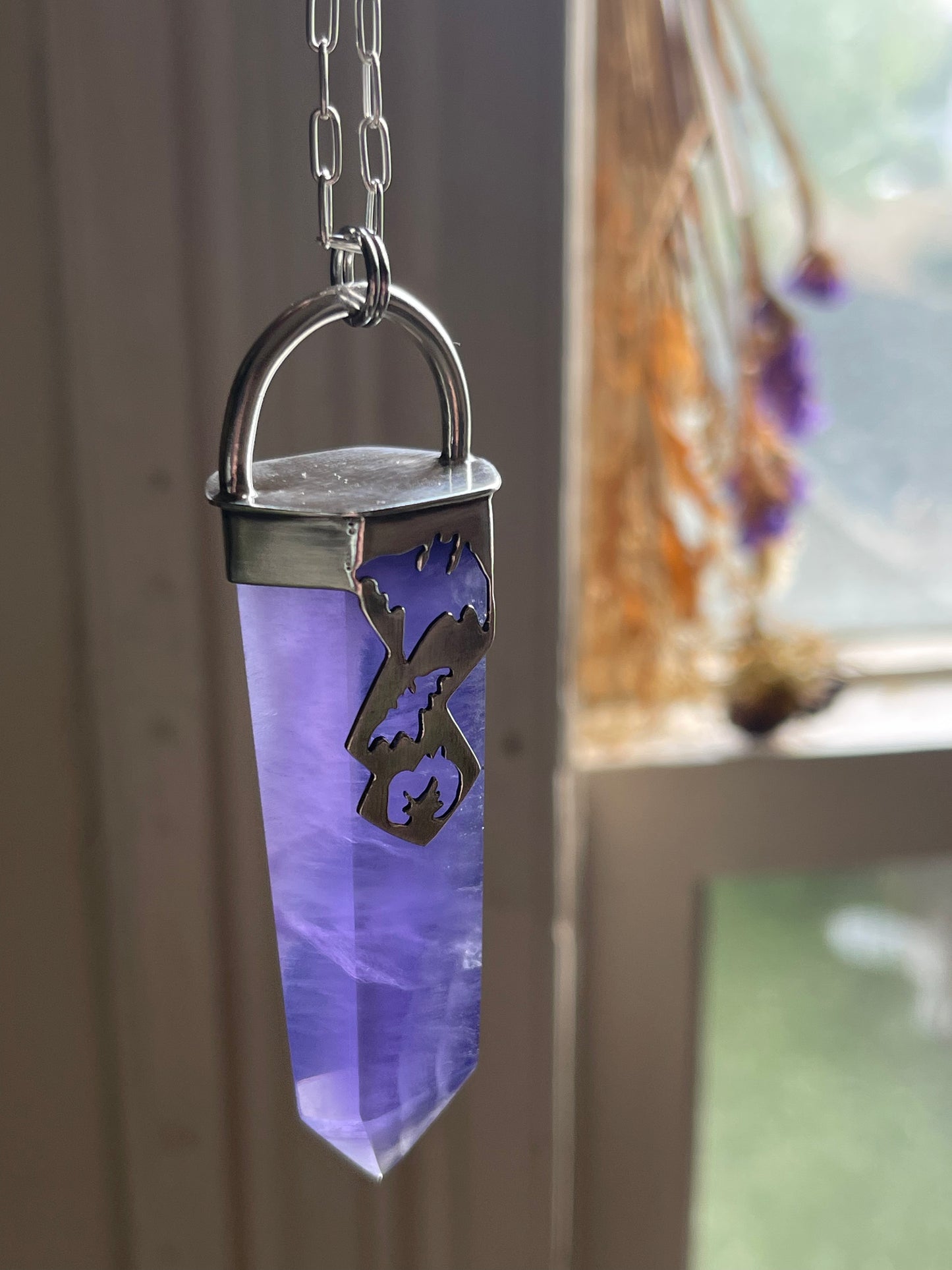 Graveyard Flowers: Purple Fluorite Crystal Batty Statement Pendant
