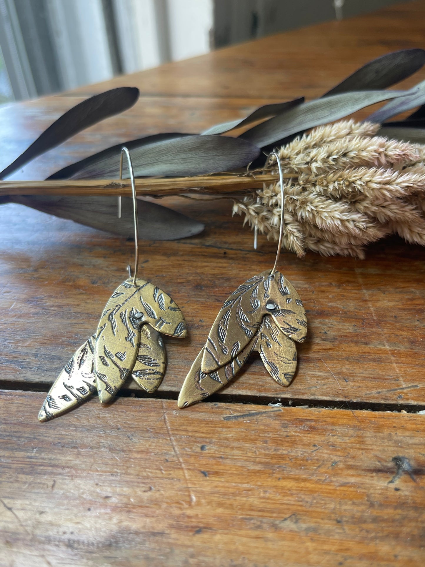Etched Leaves Metal Hoop Dangle Earrings