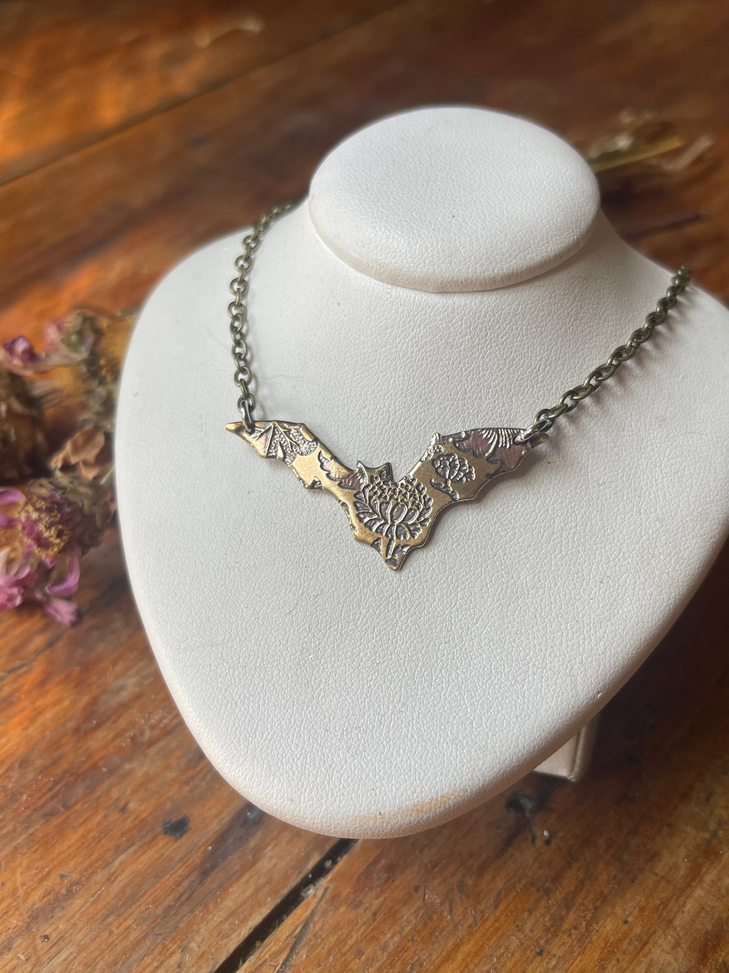 Floral Bats • Brass Dangle Earrings and Necklace