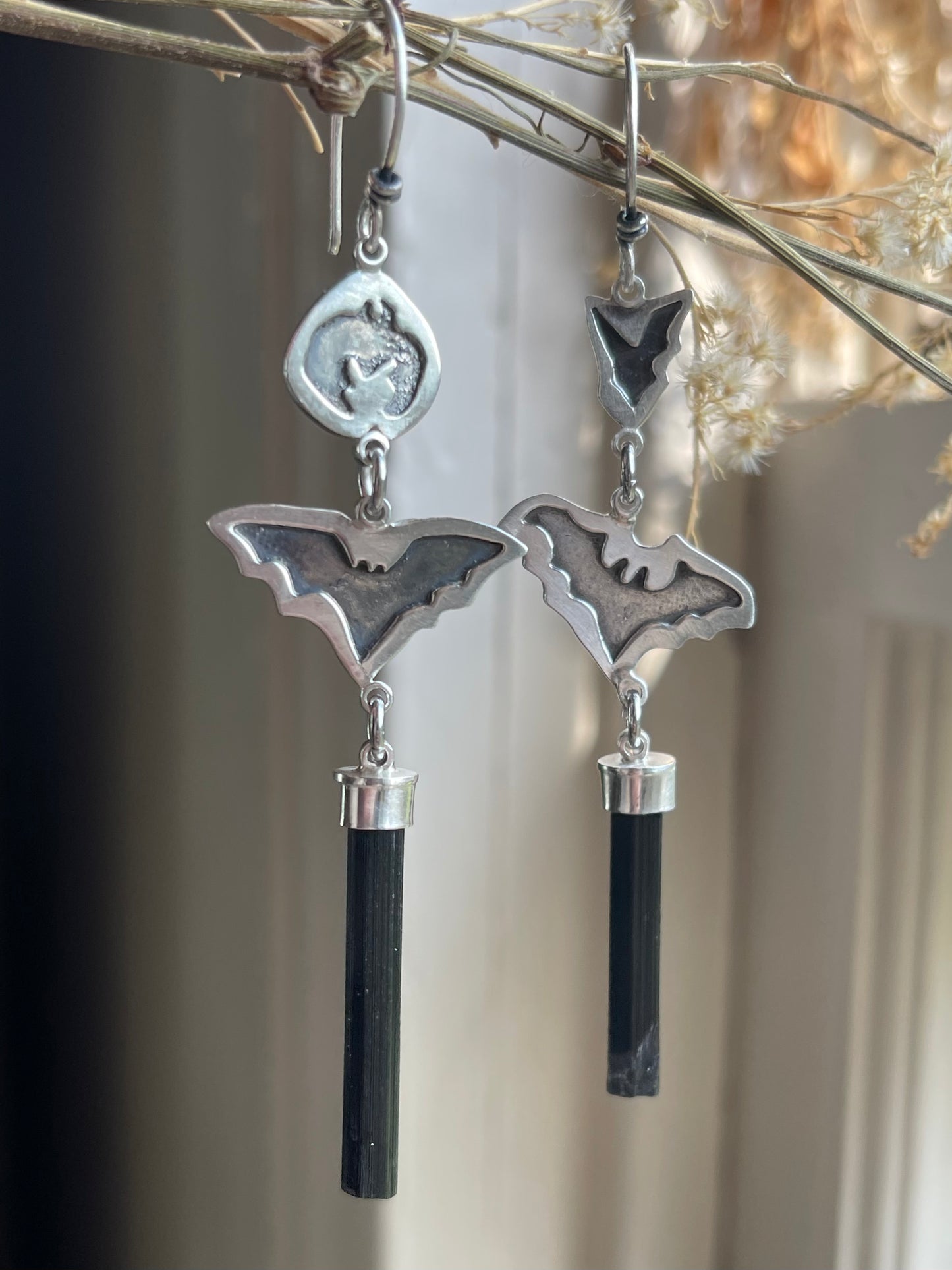 Grounded: Black Tourmaline Crystal Bat Dangle Earrings
