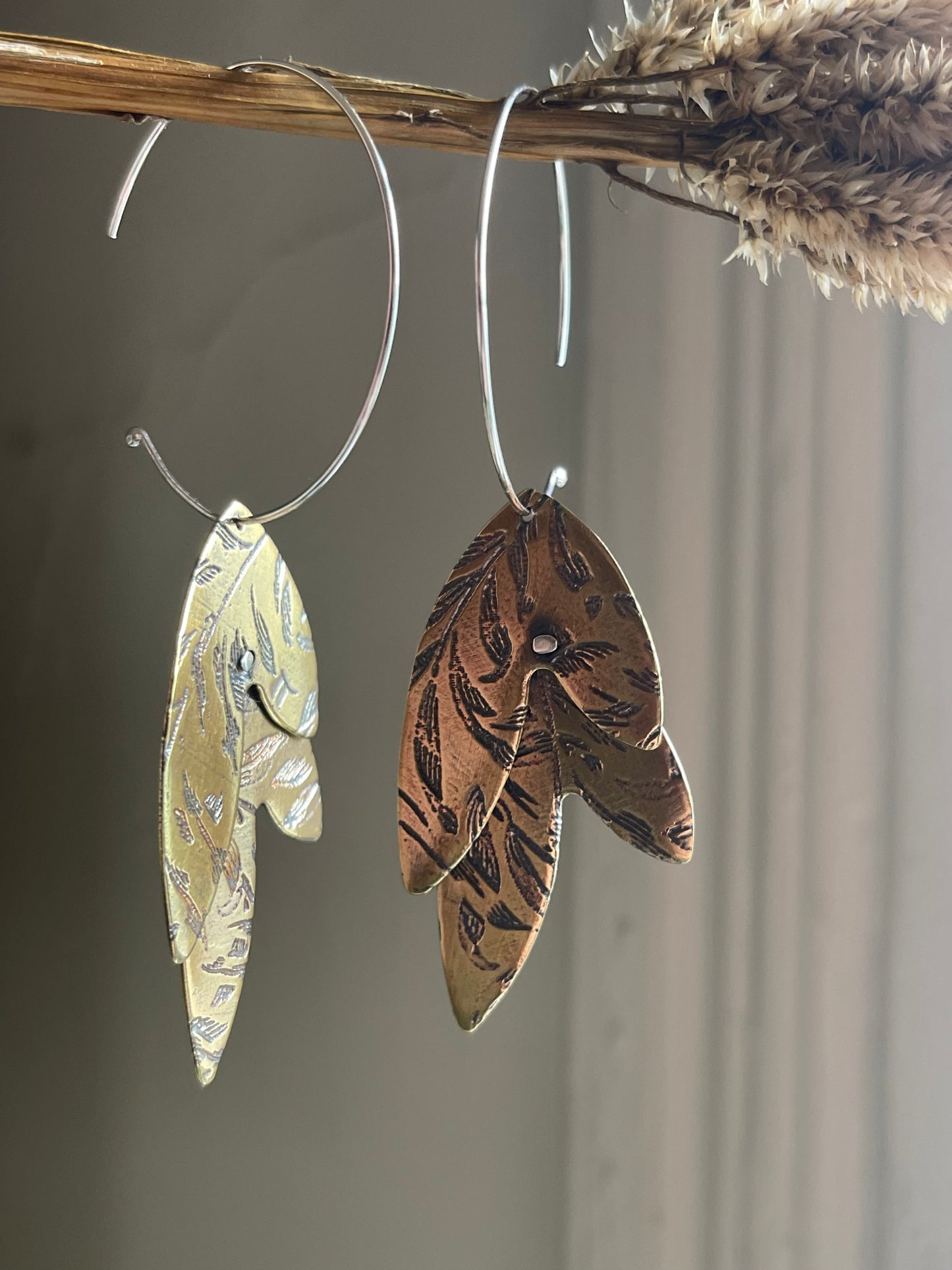 Etched Leaves Metal Hoop Dangle Earrings