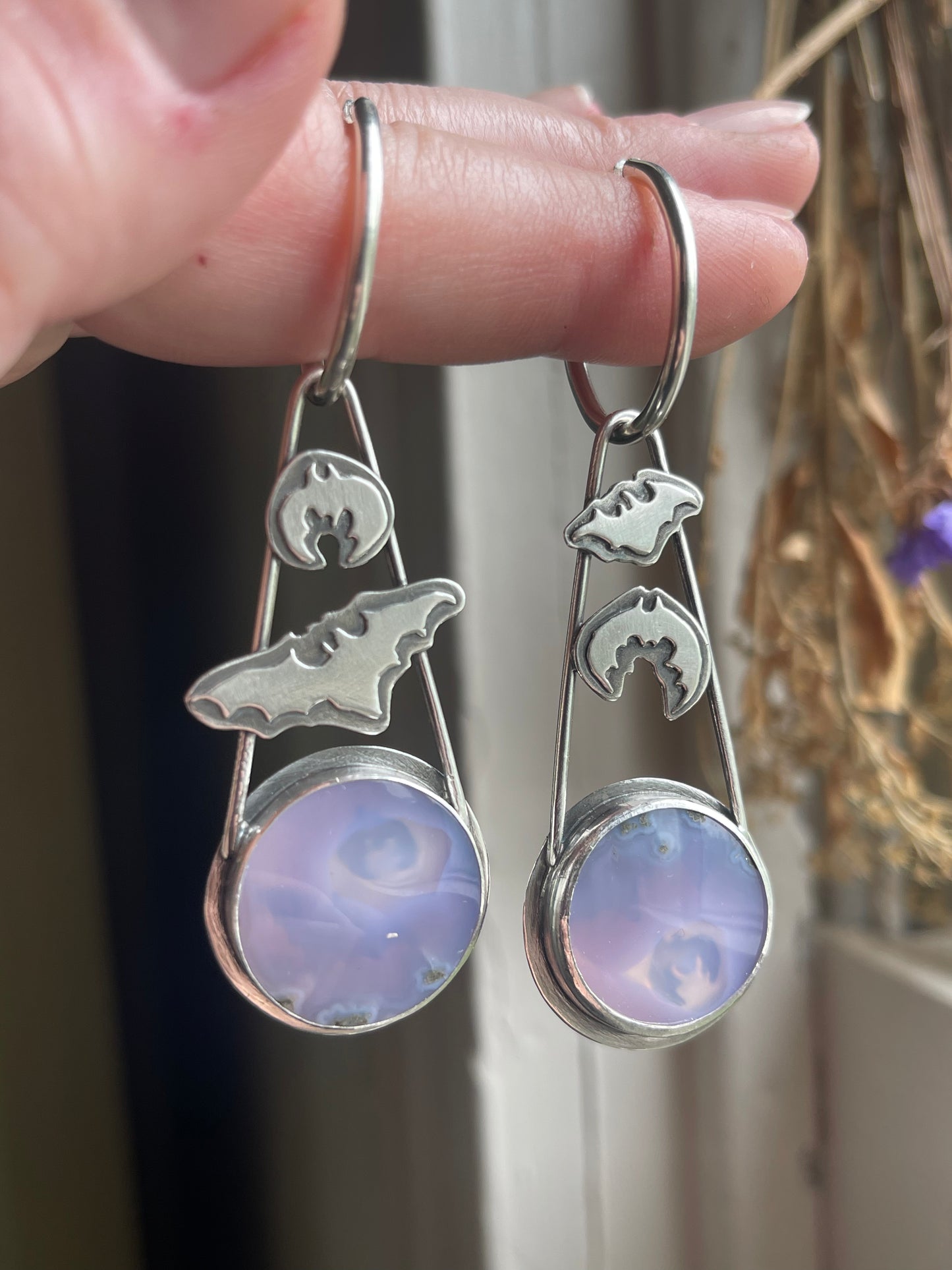 Crypt Keepers: Purple Moss Agate Batty Statement Earrings