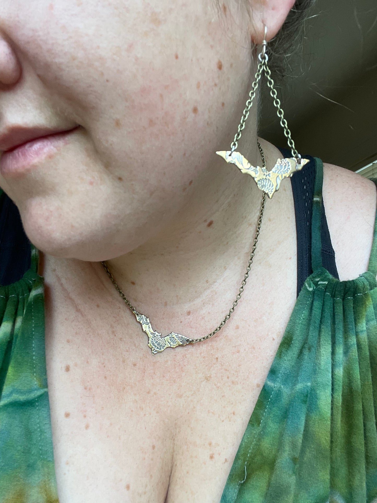 Floral Bats • Brass Dangle Earrings and Necklace