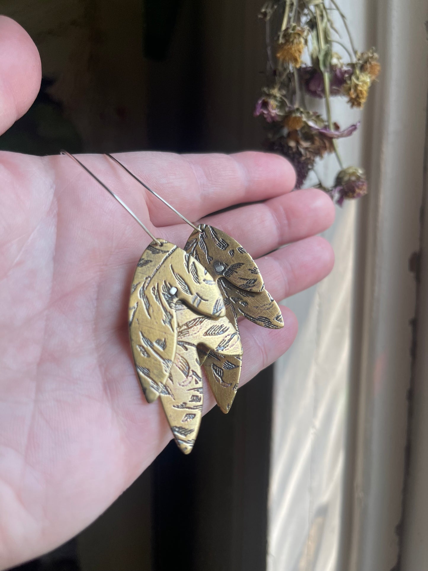 Etched Leaves Metal Hoop Dangle Earrings