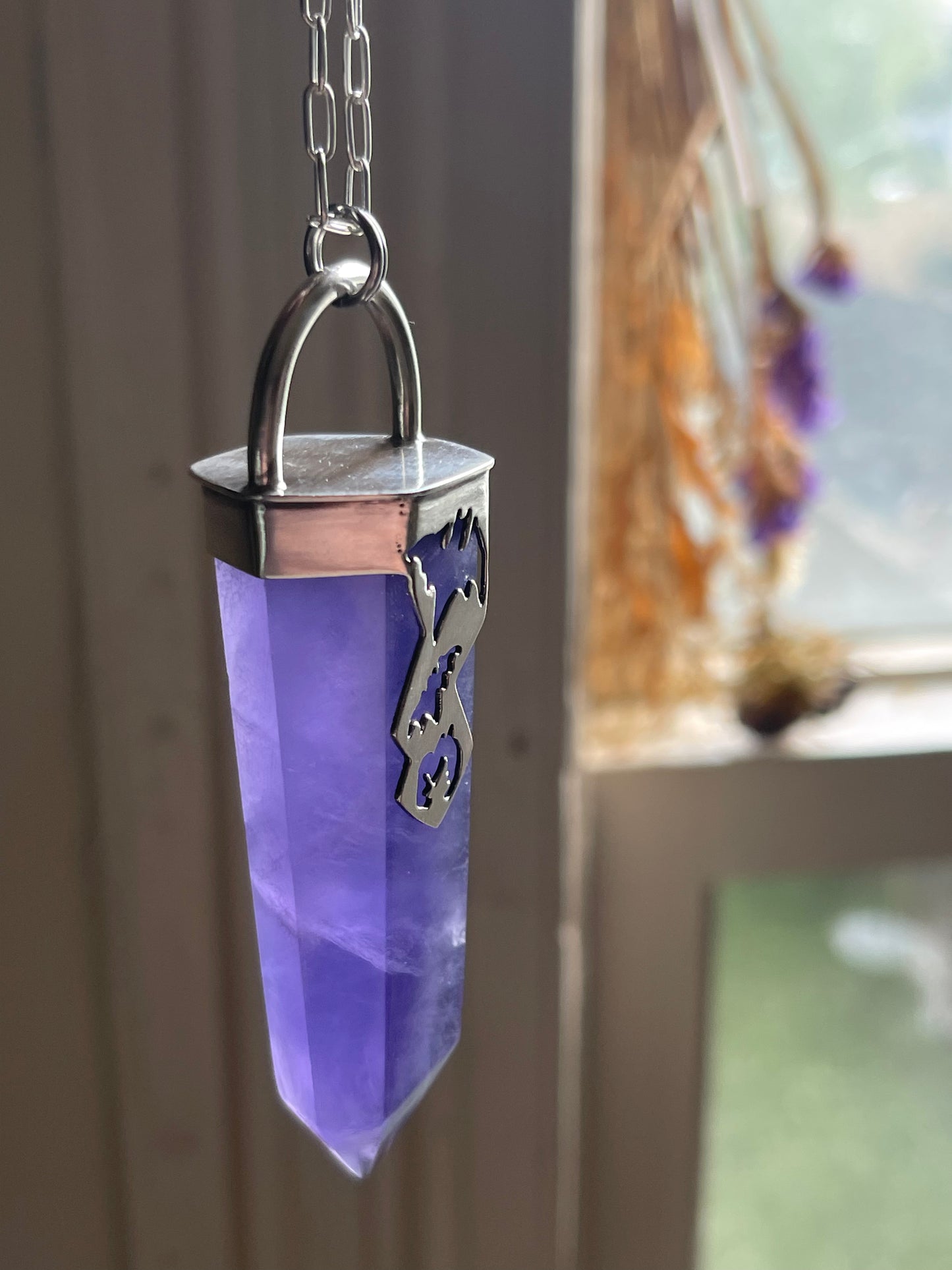 Graveyard Flowers: Purple Fluorite Crystal Batty Statement Pendant