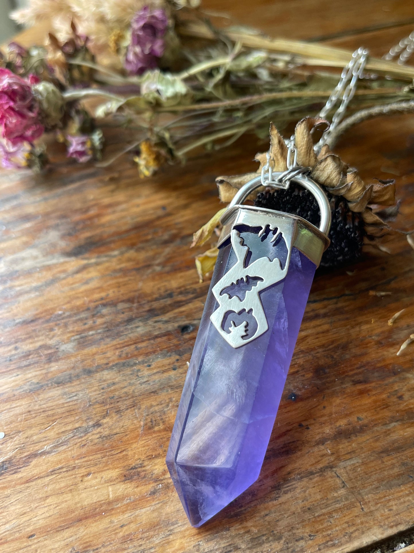 Graveyard Flowers: Purple Fluorite Crystal Batty Statement Pendant
