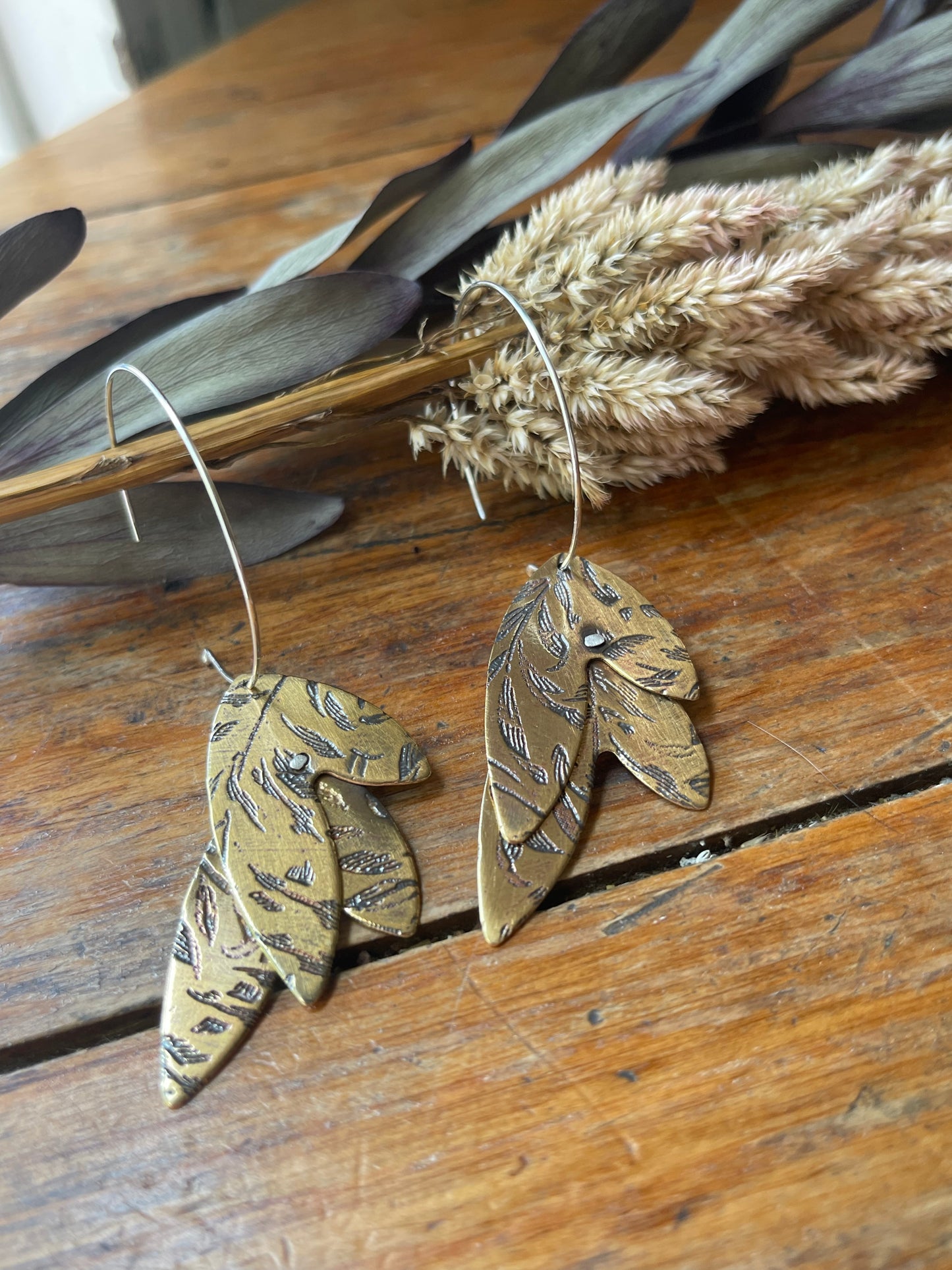 Etched Leaves Metal Hoop Dangle Earrings
