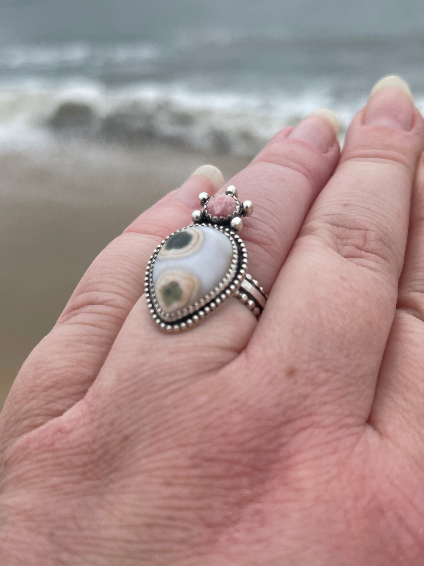Peachy Kween Ocean Jasper • Rhodochrosite Nautical Statement Ring